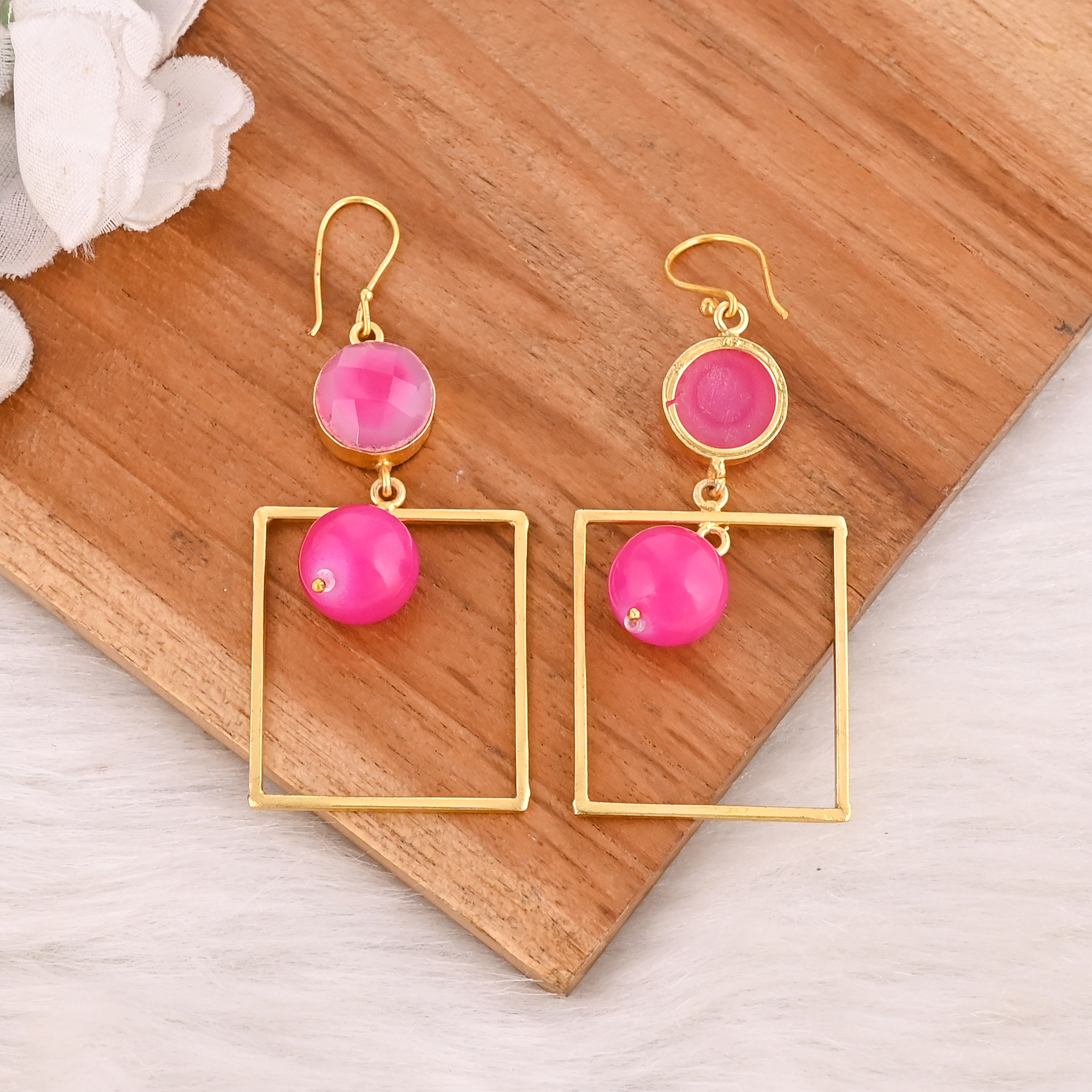 Natural Fuchsia Chalcedony Gemstone Brass Earrings Gold Plated Handmade Jewelry for Women Wholesale Lot 10 Pairs