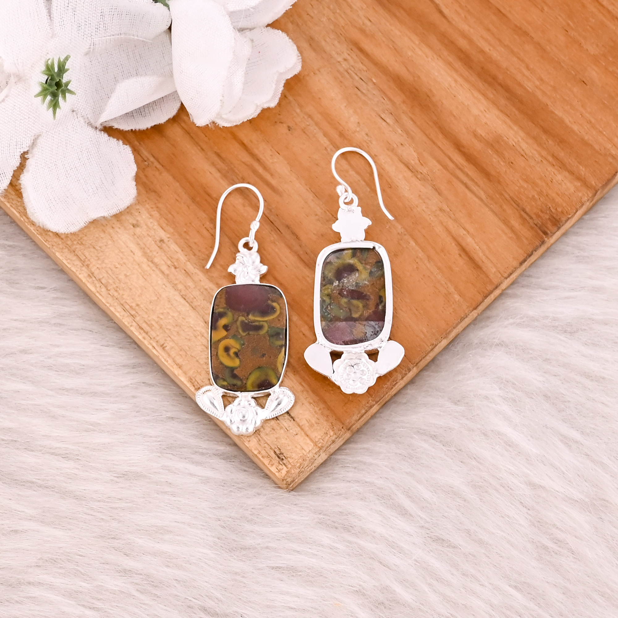 Fruit Jasper Gemstone Brass Handmade Designer Silver Plated Dangle Earring Gift For Her