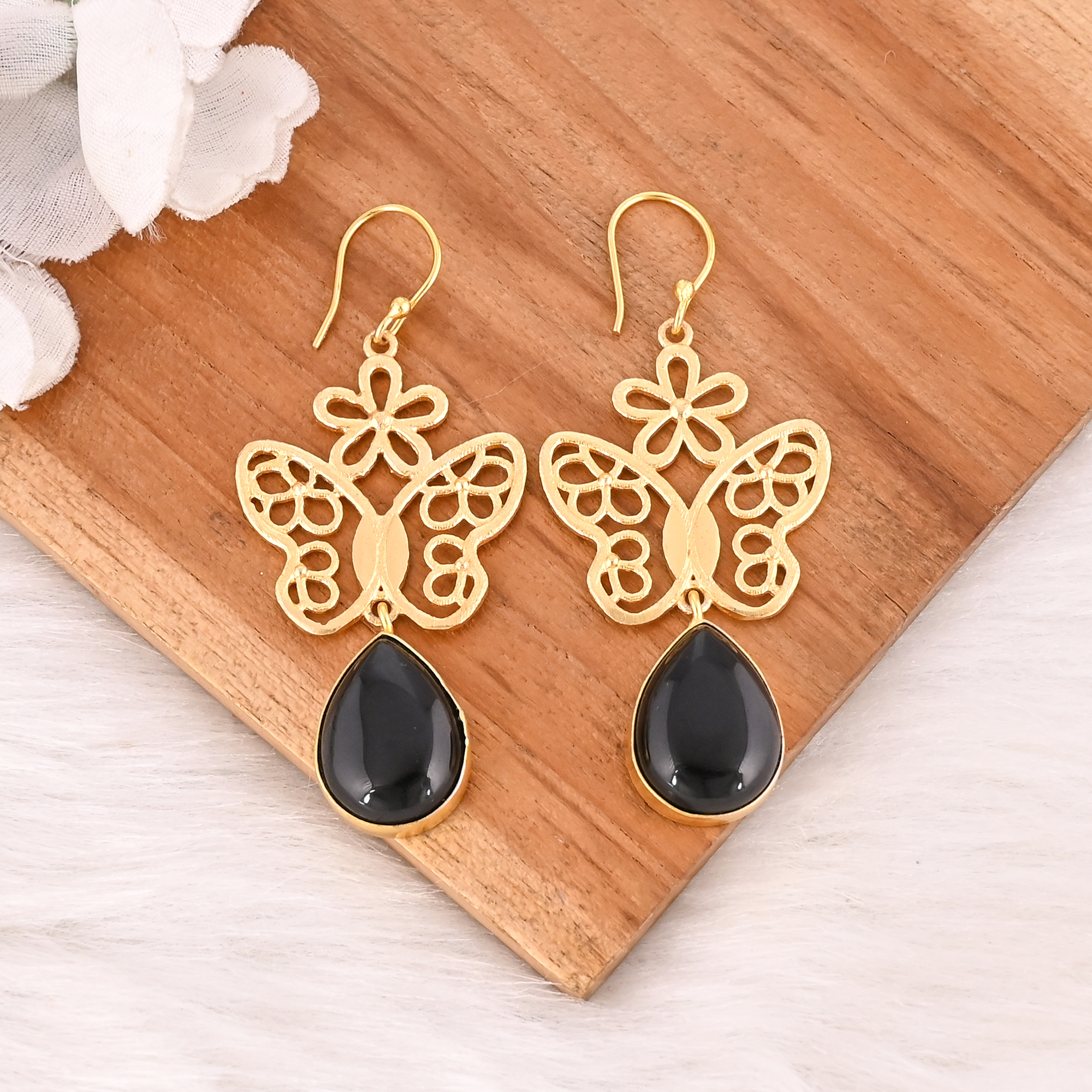 Natural Black Onyx Butterfly Brass Earrings Gold Plated Handmade Jewelry for Women Wholesale Lot 10 Pairs
