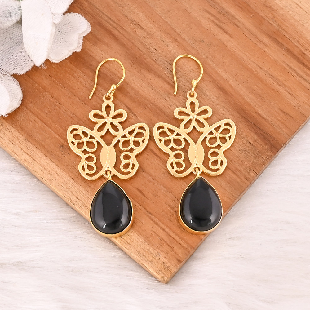 Image of Natural Black Onyx Butterfly Brass Earrings Gold Plated Handmade Jewelry for Women Wholesale Lot 10 Pairs