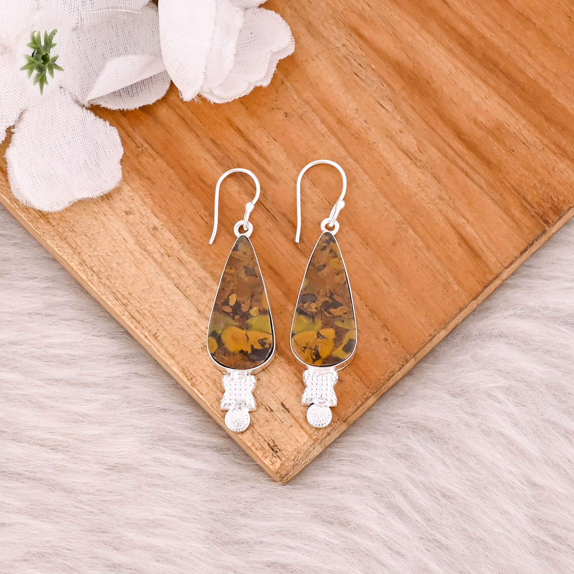 Fruit Jasper Pear Gemstone Handmade Brass Silver Plated Dangler Earring Statement Earring