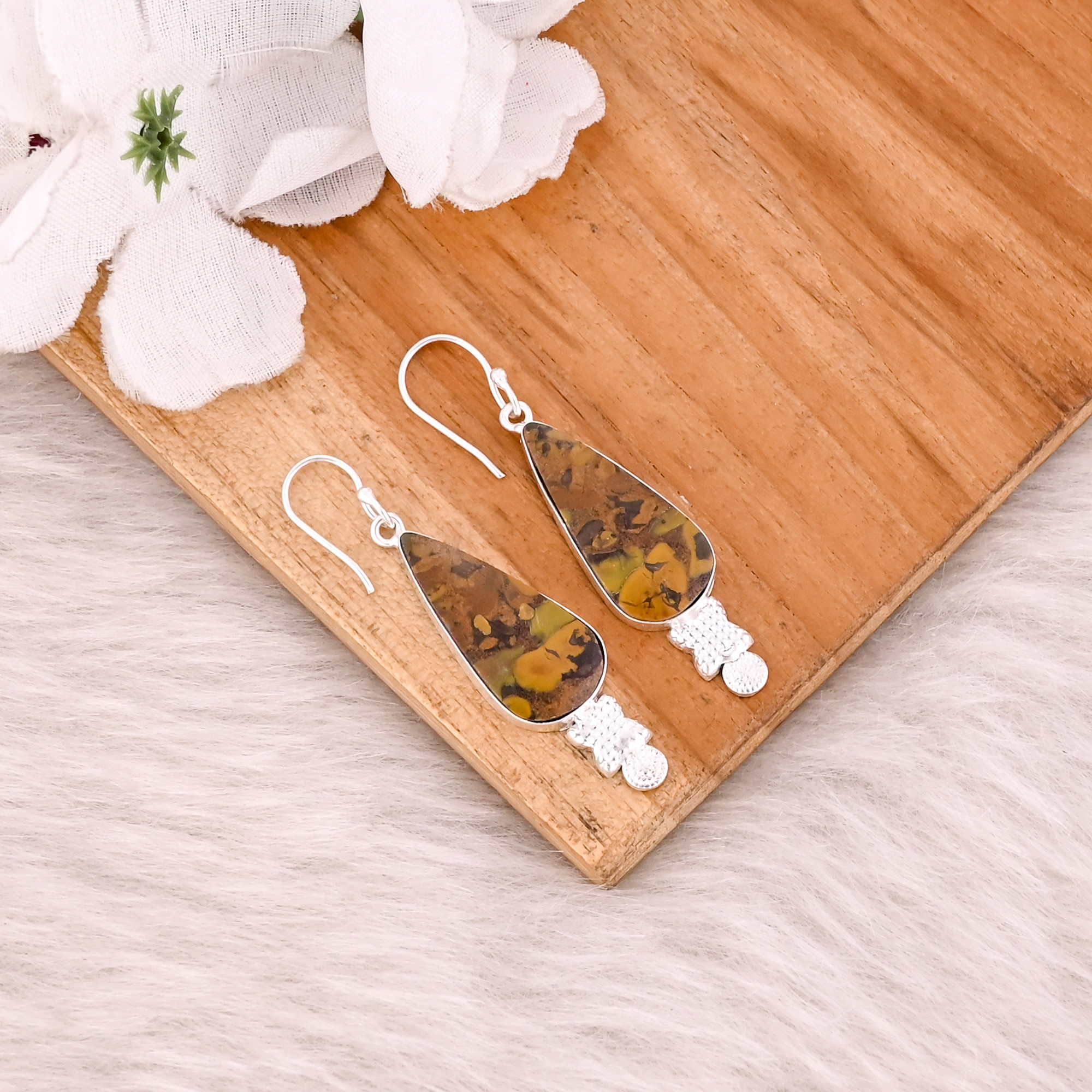 Fruit Jasper Pear Gemstone Handmade Brass Silver Plated Dangler Earring Statement Earring