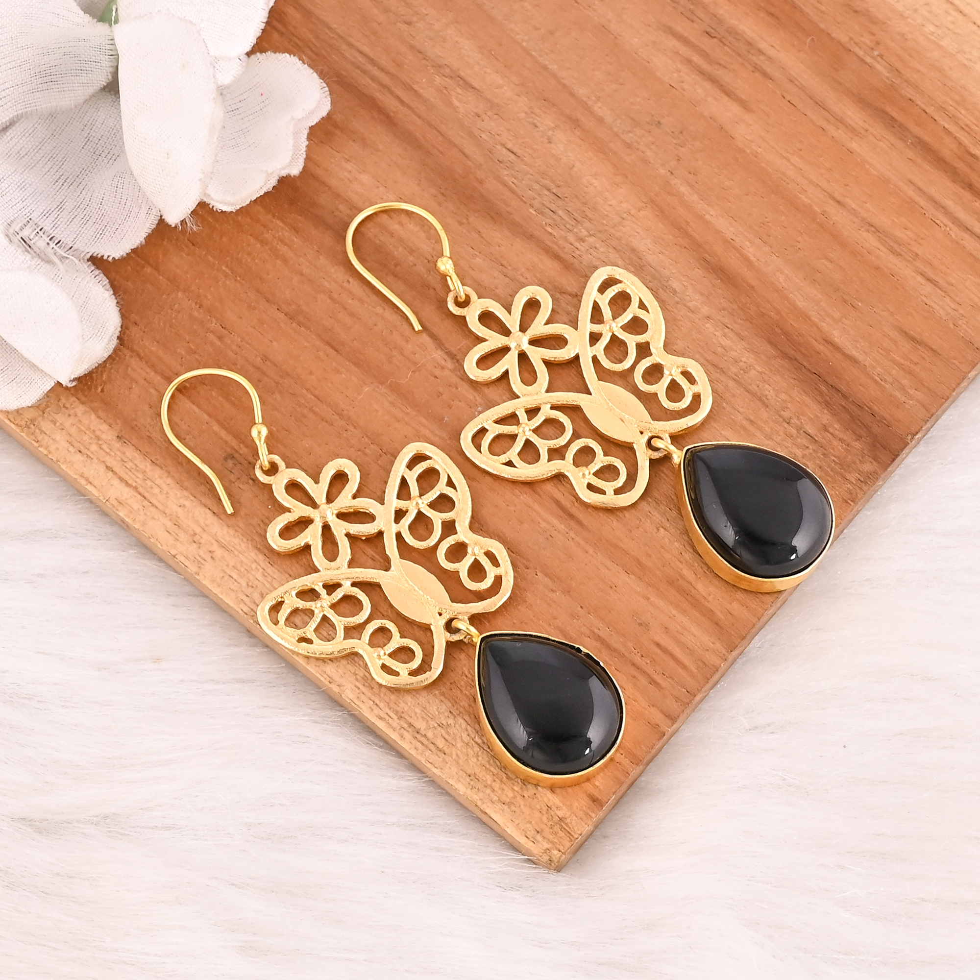 Natural Black Onyx Butterfly Brass Earrings Gold Plated Handmade Jewelry for Women Wholesale Lot 10 Pairs