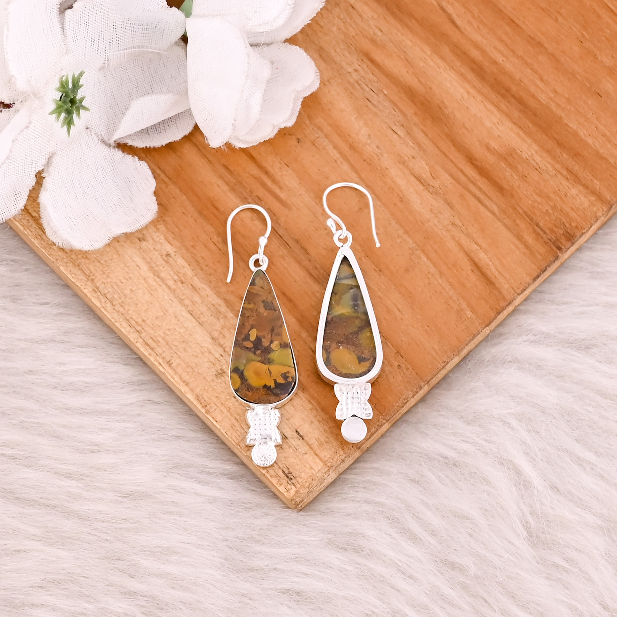 Fruit Jasper Pear Gemstone Handmade Brass Silver Plated Dangler Earring Statement Earring