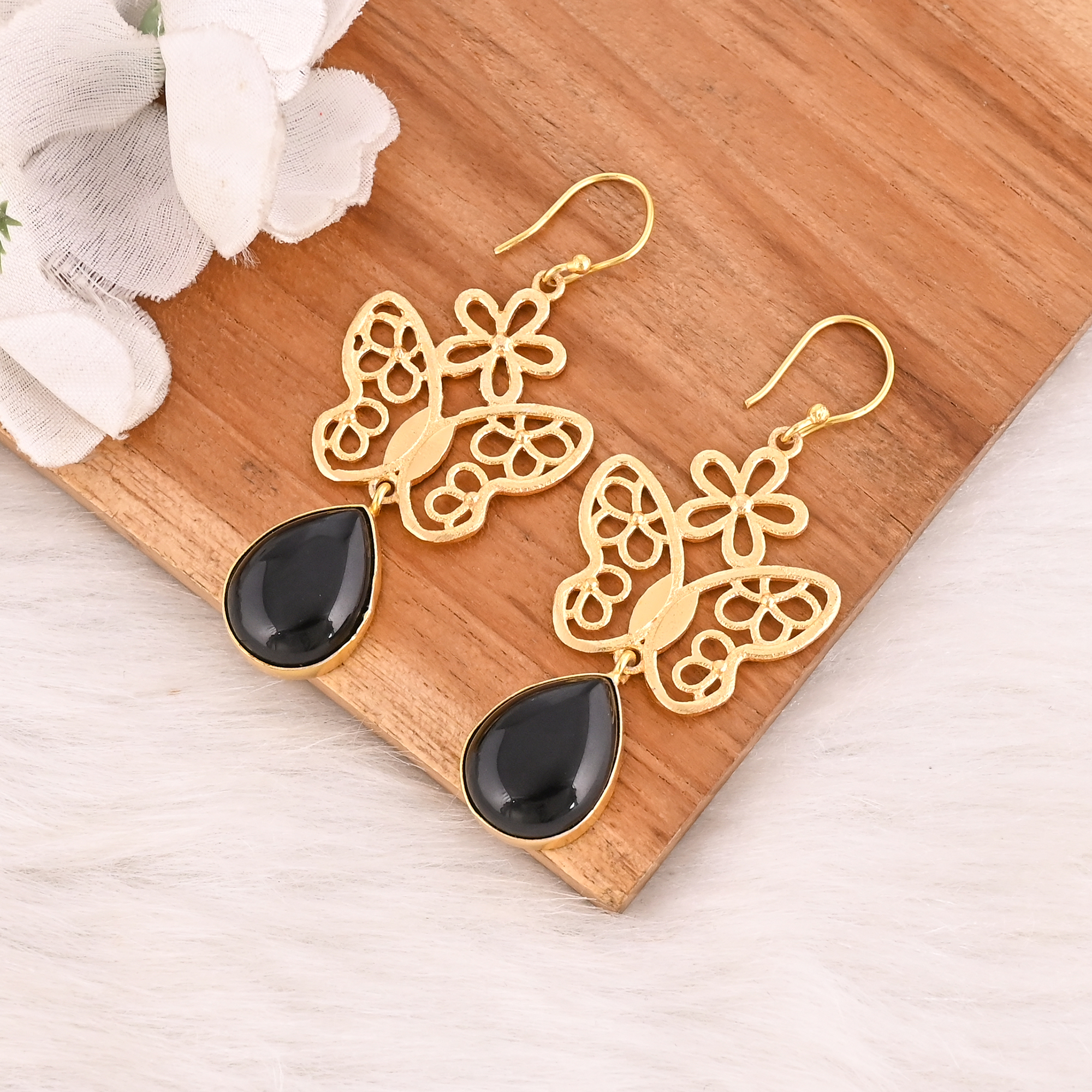 Natural Black Onyx Butterfly Brass Earrings Gold Plated Handmade Jewelry for Women Wholesale Lot 10 Pairs
