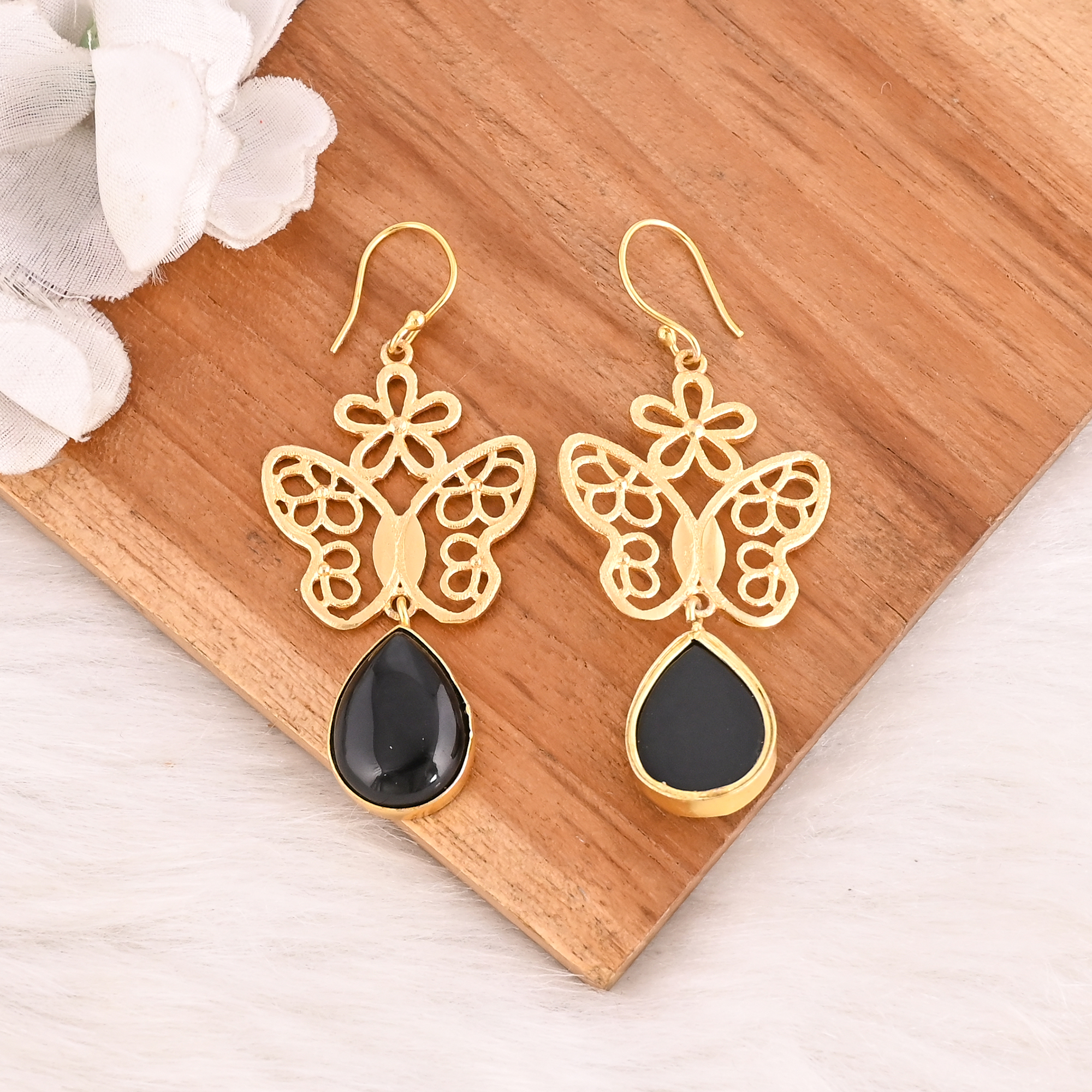 Natural Black Onyx Butterfly Brass Earrings Gold Plated Handmade Jewelry for Women Wholesale Lot 10 Pairs