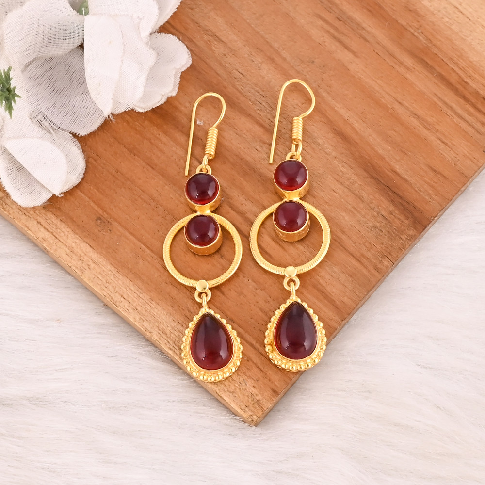 Image of Garnet Hydro Stone Brass Drop Earrings Gold Plated Designer Jewelry for Women Wholesale Lot 10 Pairs