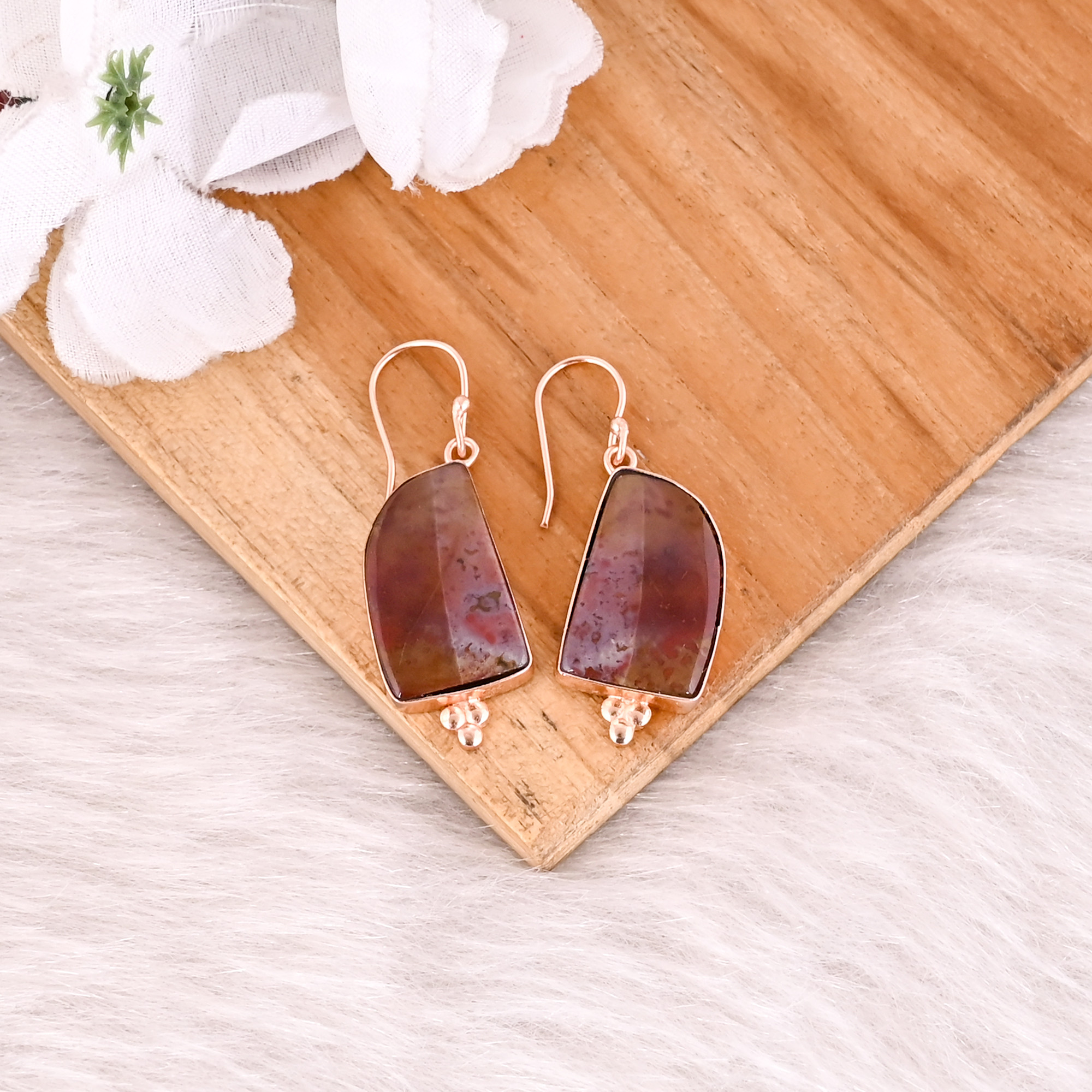Coffee Jasper Gemstone Brass Rose Gold Plated Dangler Earring Wholesale Earring