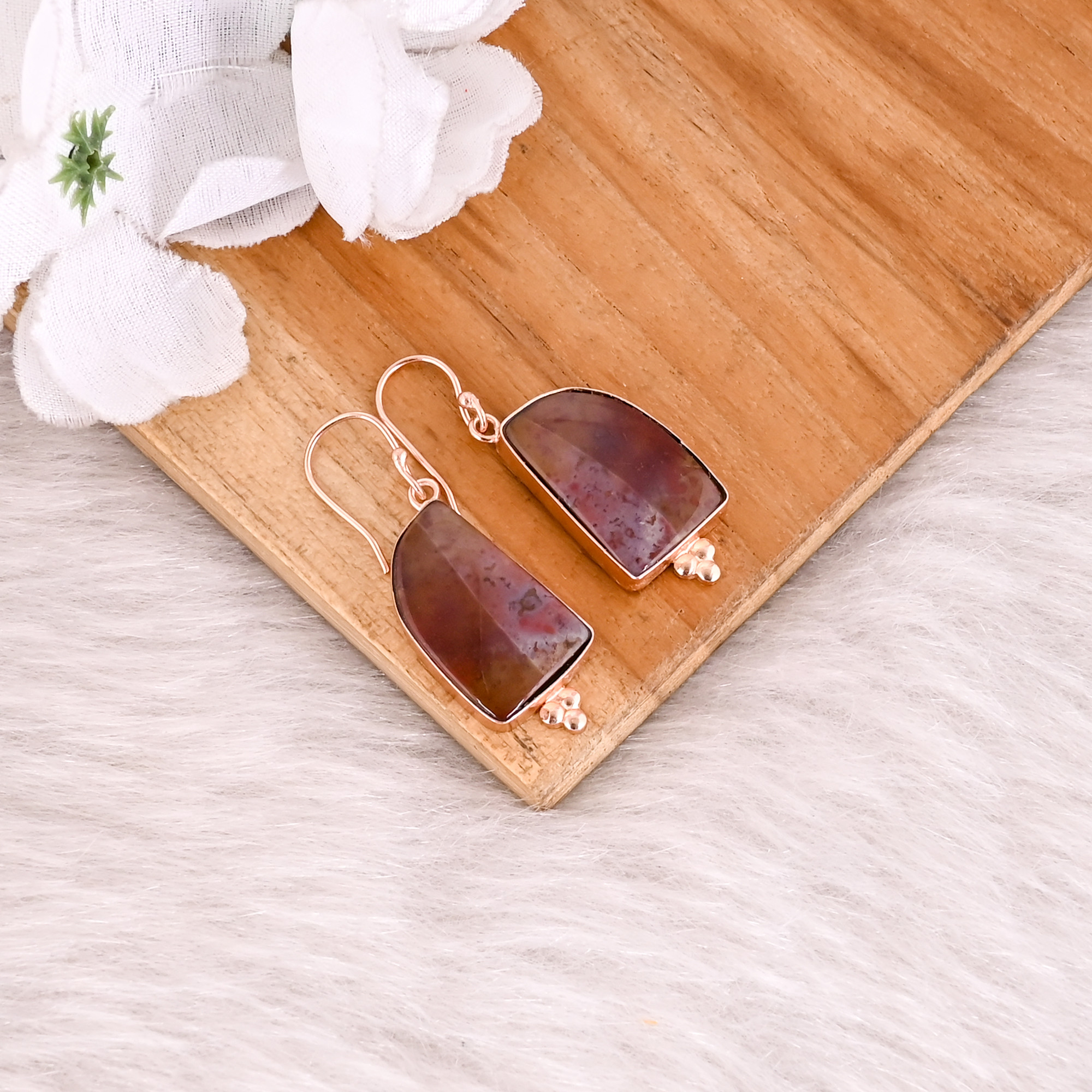 Coffee Jasper Gemstone Brass Rose Gold Plated Dangler Earring Wholesale Earring