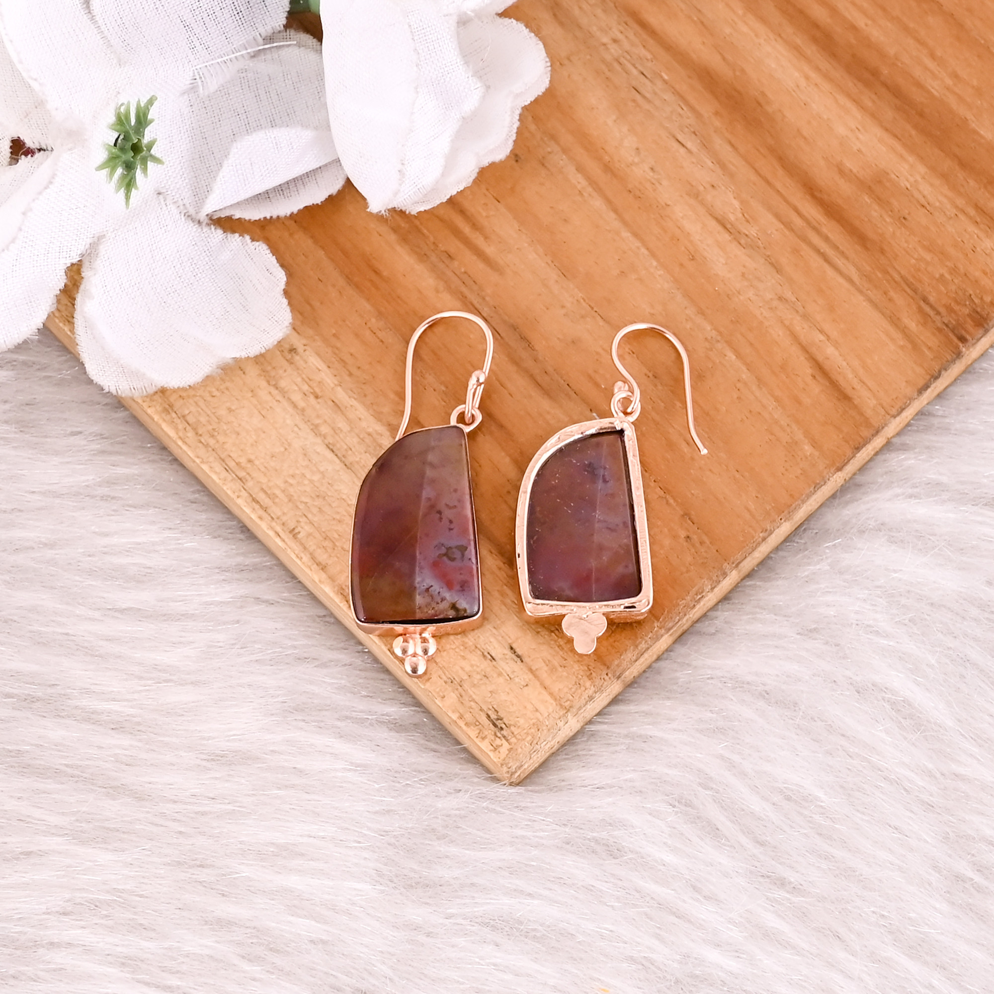 Coffee Jasper Gemstone Brass Rose Gold Plated Dangler Earring Wholesale Earring