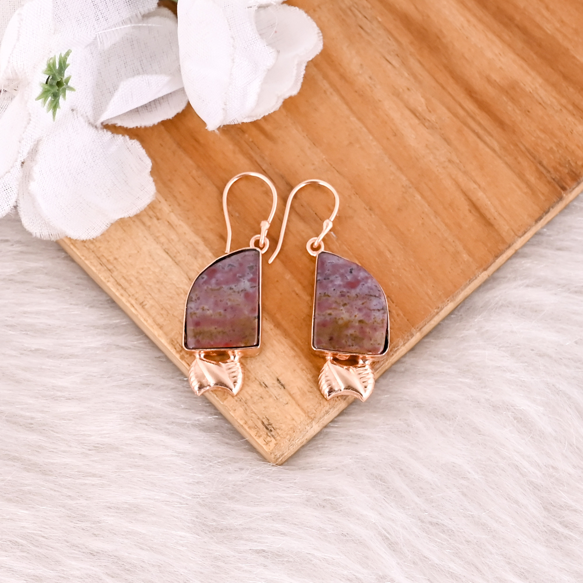 Coffee Jasper Gemstone Handmade Designer Brass Rose Gold Plated Dangler Earring Wholesale Earring
