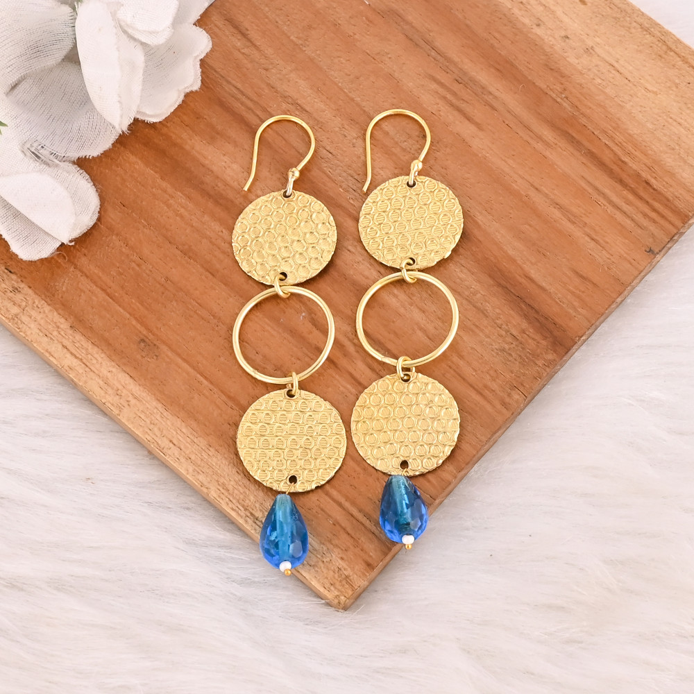 Image of Blue Hydro &amp; Pearl Gemstone Gold Plated Brass Geometric Dangle Earrings Handmade Fashion Jewelry for Women Wholesale Lot 10 Pair