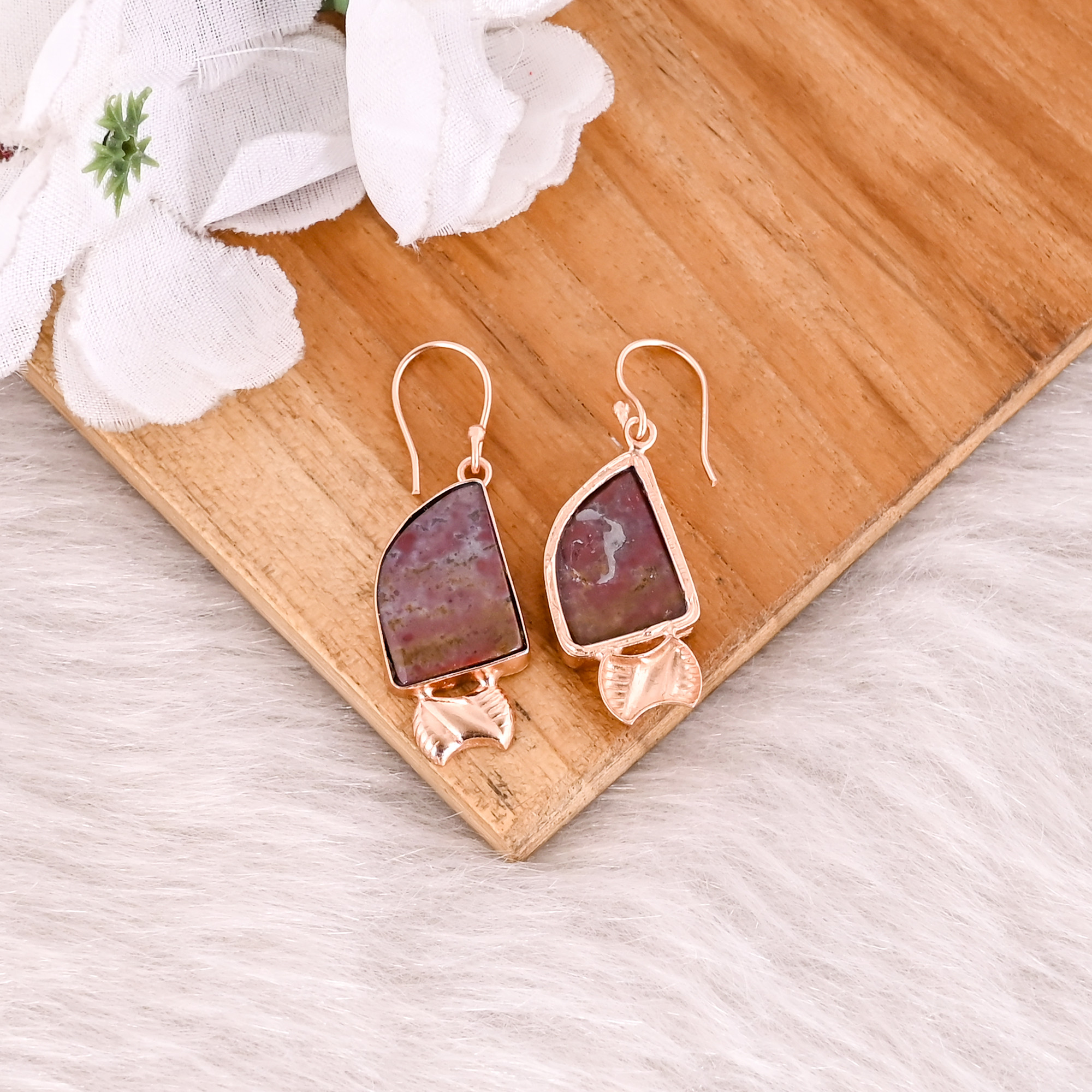 Coffee Jasper Gemstone Handmade Designer Brass Rose Gold Plated Dangler Earring Wholesale Earring
