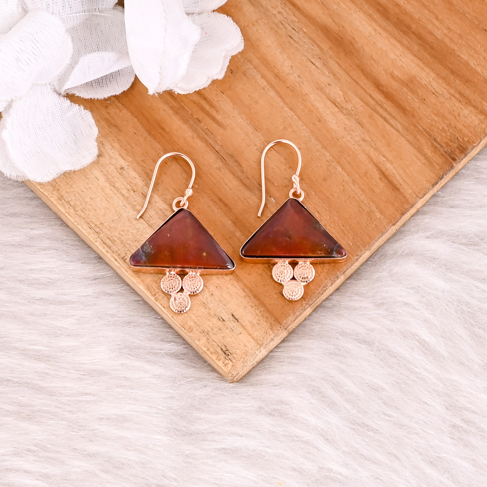 Coffee Jasper Triangle Gemstone Handmade Brass Rose Gold Plated Dangler Earring Statement Earring