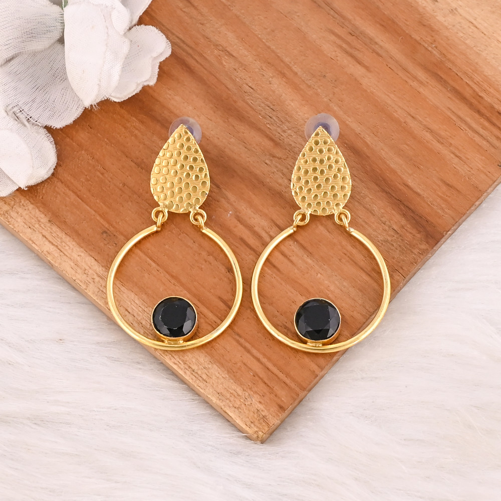 Image of Black Onyx Gemstone Brass Drop Earrings Handmade Gold Plated Women's Fashion Jewelry with Bezel Setting Wholesale Lot 10 Pairs