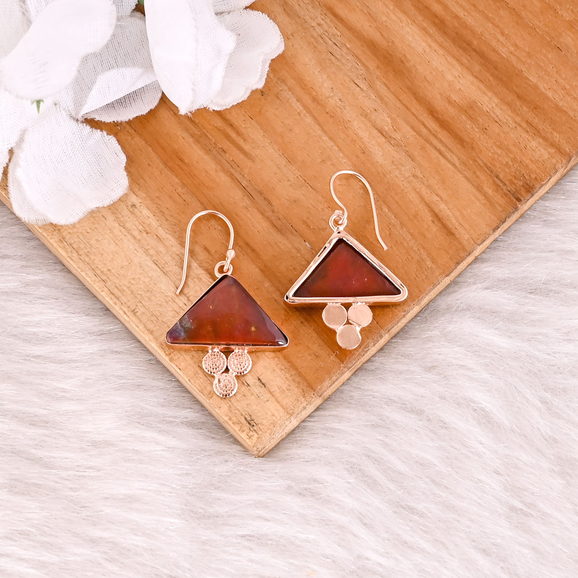 Coffee Jasper Triangle Gemstone Handmade Brass Rose Gold Plated Dangler Earring Statement Earring