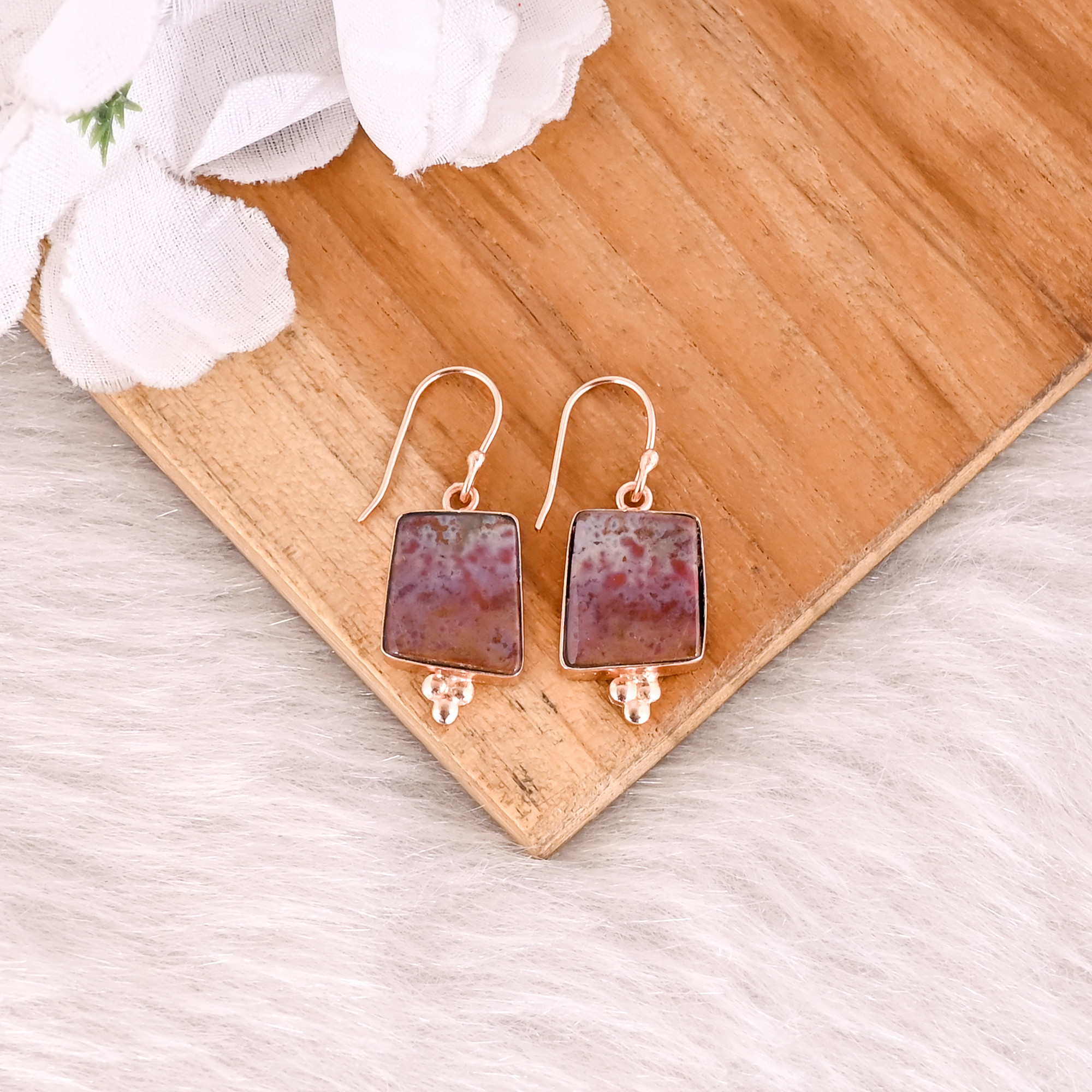 Rose Gold Plated Brass Coffee Jasper Gemstone Dangler Earring Handmade Charm Jewelry