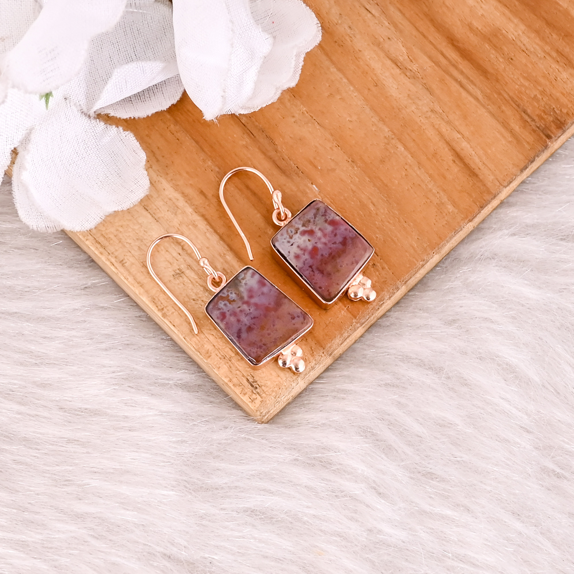 Rose Gold Plated Brass Coffee Jasper Gemstone Dangler Earring Handmade Charm Jewelry