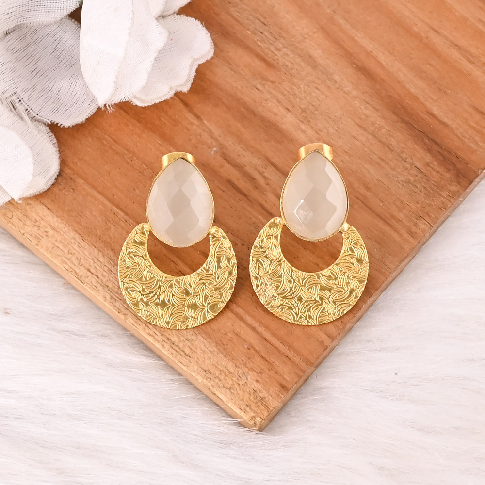 Image of Natural White Cat's Eye Gemstone Brass Earrings Gold Plated Handmade Jewelry for Women Wholesale Lot 10 Pairs