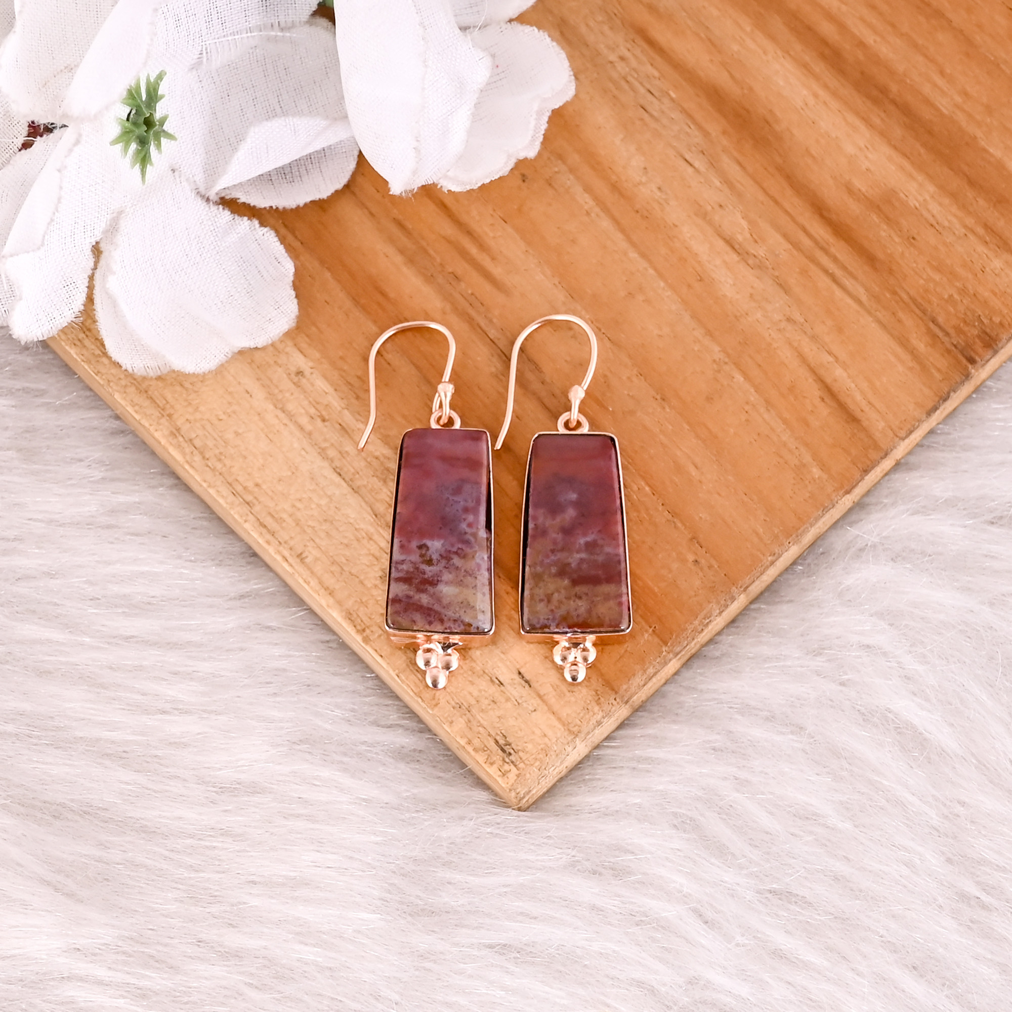 Coffee Jasper Gemstone Brass Rose Gold Plated Dangle Earring Handmade Jewelry