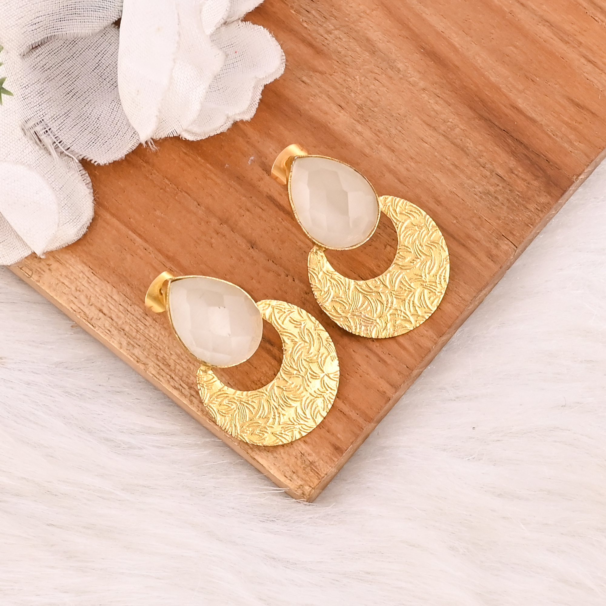 Natural White Cats Eye Gemstone Brass Earrings Gold Plated Handmade Jewelry for Women Wholesale Lot 10 Pairs