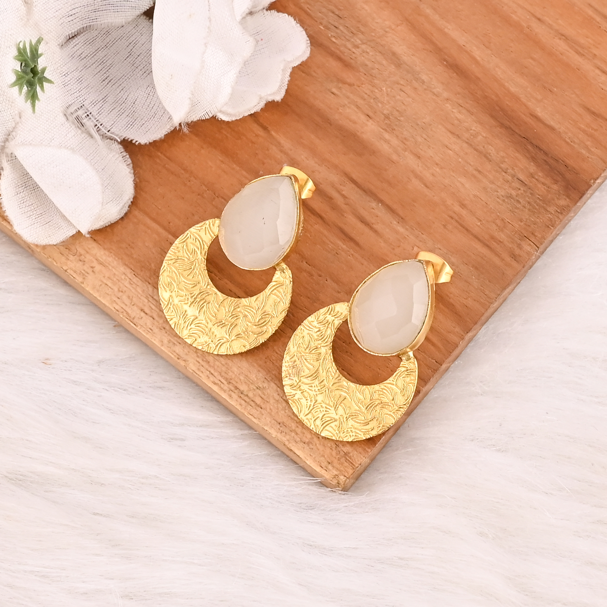 Natural White Cats Eye Gemstone Brass Earrings Gold Plated Handmade Jewelry for Women Wholesale Lot 10 Pairs