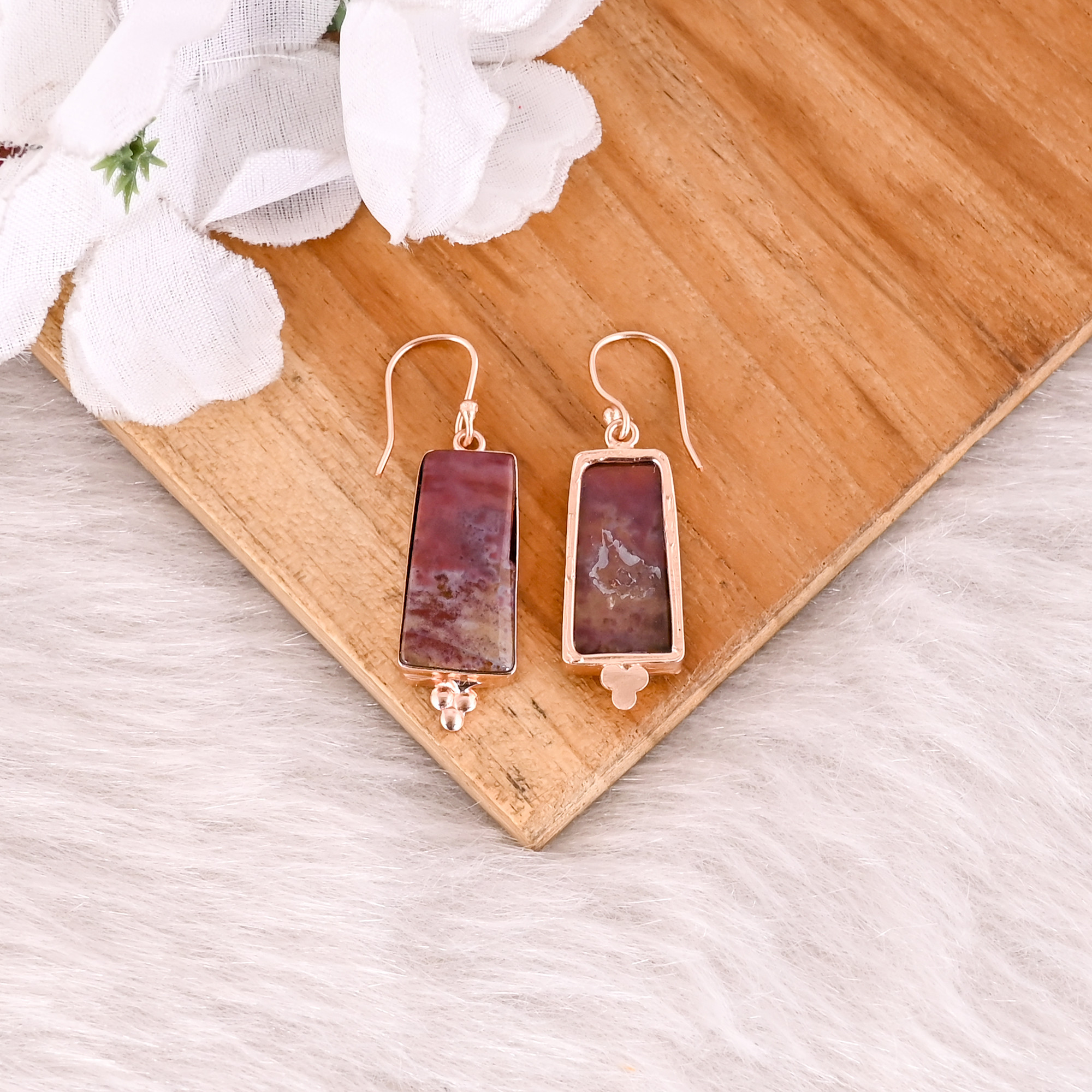 Coffee Jasper Gemstone Brass Rose Gold Plated Dangle Earring Handmade Jewelry