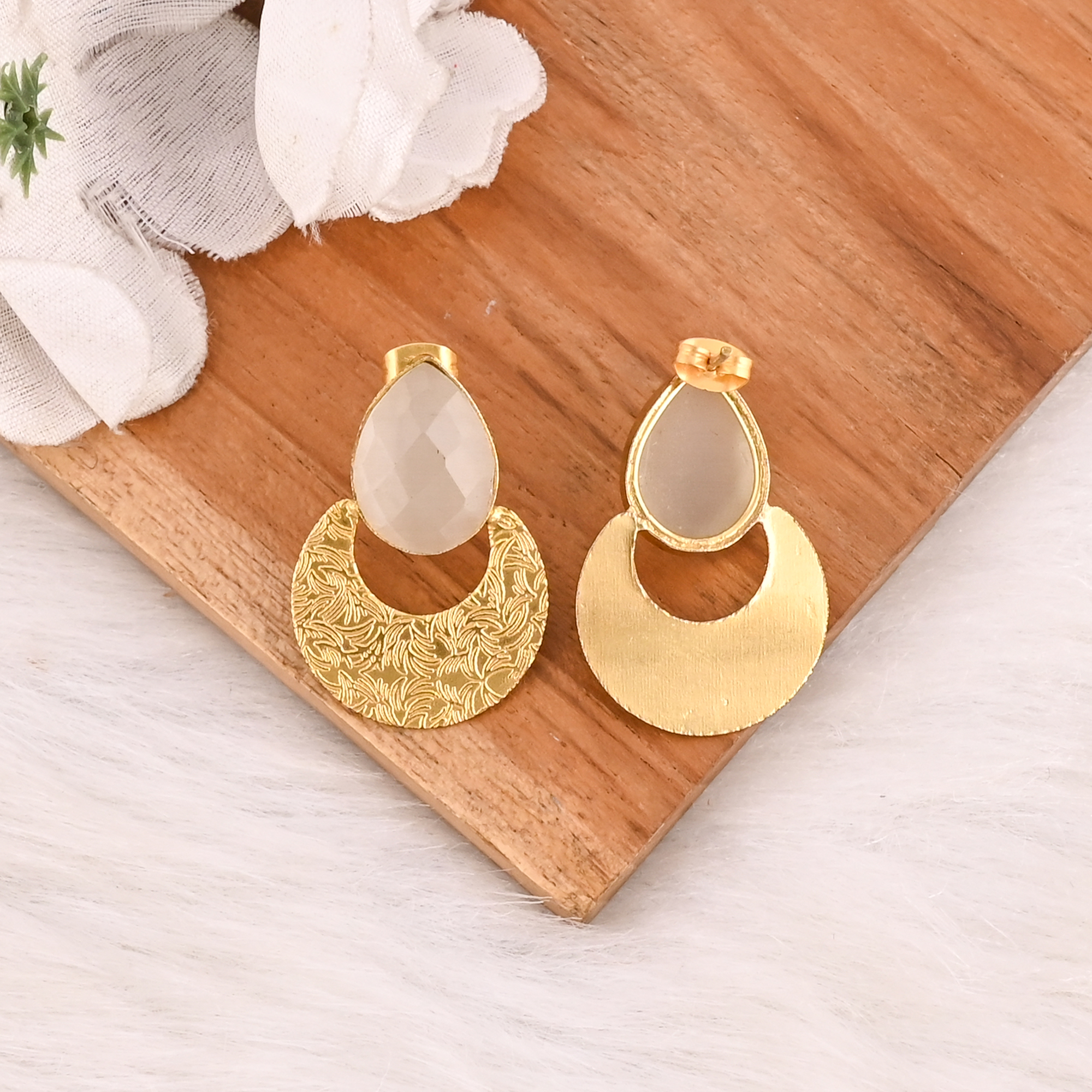 Natural White Cats Eye Gemstone Brass Earrings Gold Plated Handmade Jewelry for Women Wholesale Lot 10 Pairs