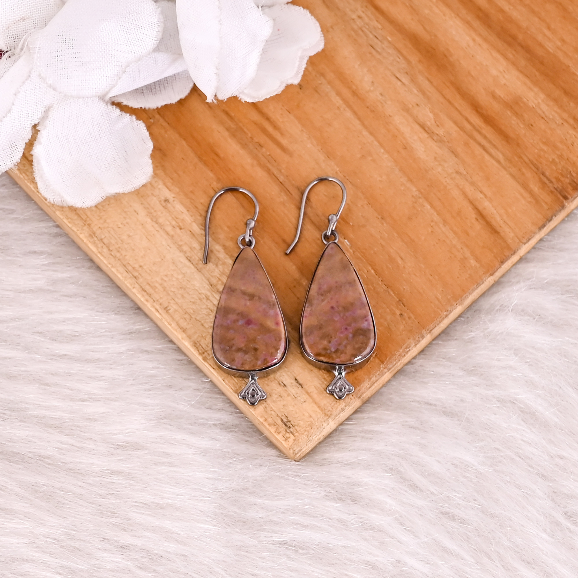 Coffee Jasper Pear Gemstone Handmade Designer Brass Black Ruthenium Dangler Earring