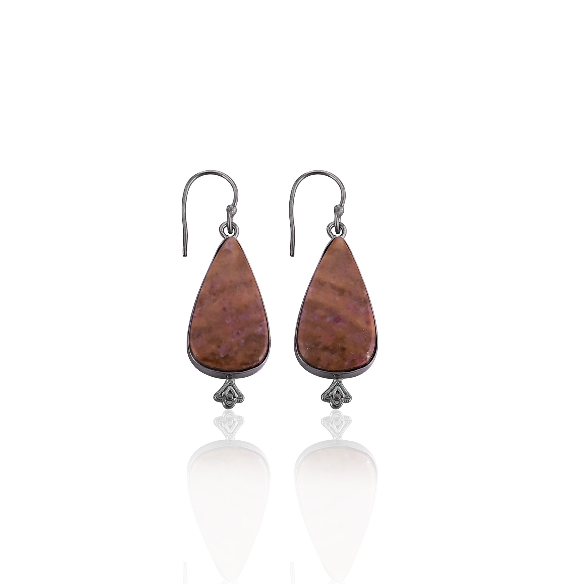 Coffee Jasper Pear Gemstone Handmade Designer Brass Black Ruthenium Dangler Earring