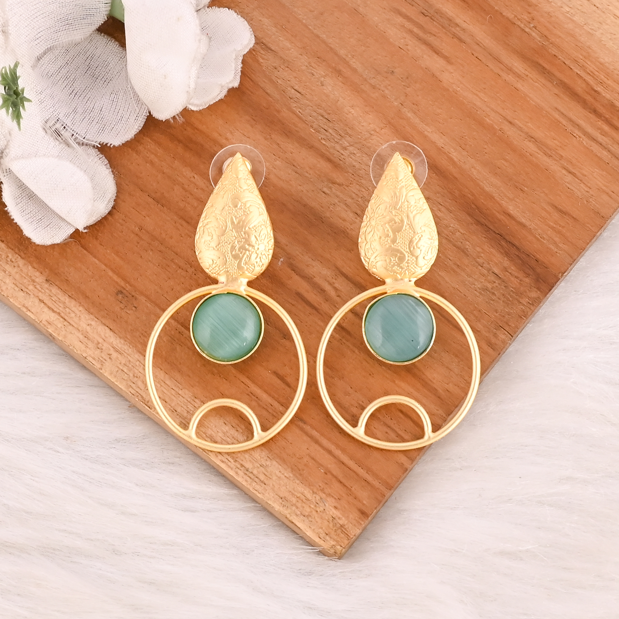 Blue Cats Eye Gemstone Designer Earrings Gold Plated Handmade Jewelry for Women Wholesale Lot 10 Pairs