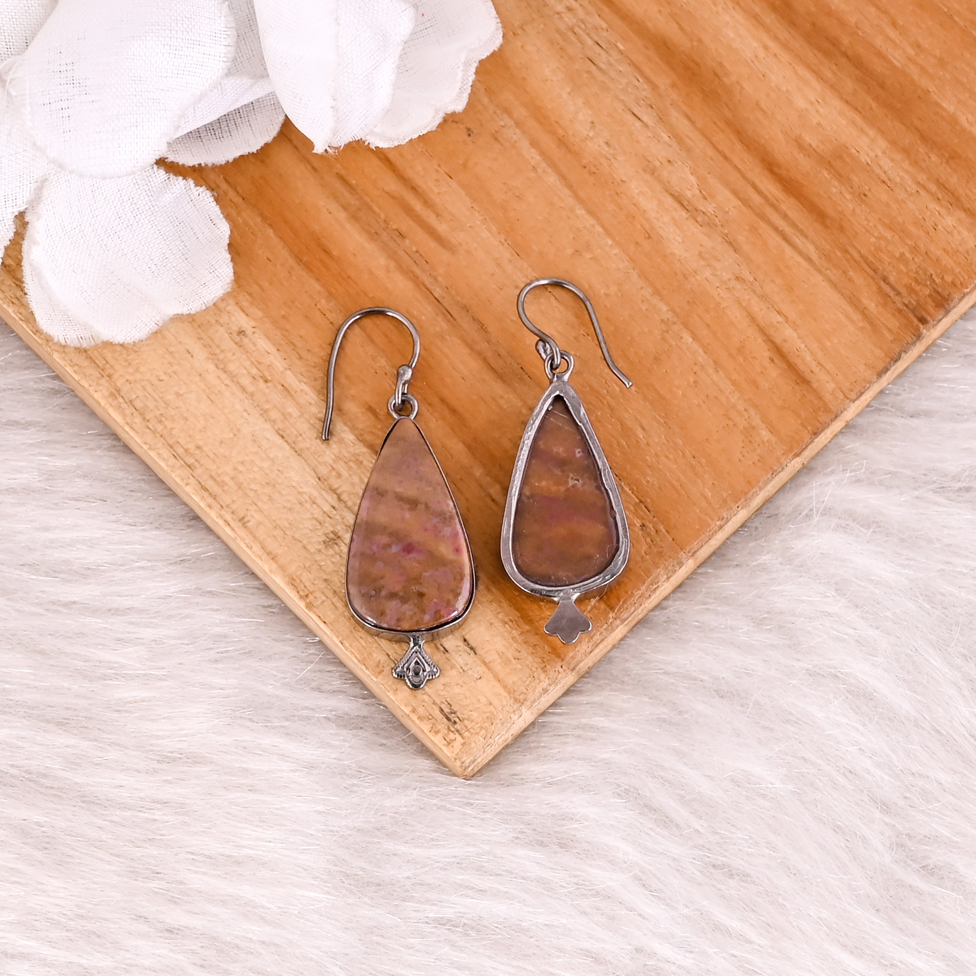Coffee Jasper Pear Gemstone Handmade Designer Brass Black Ruthenium Dangler Earring