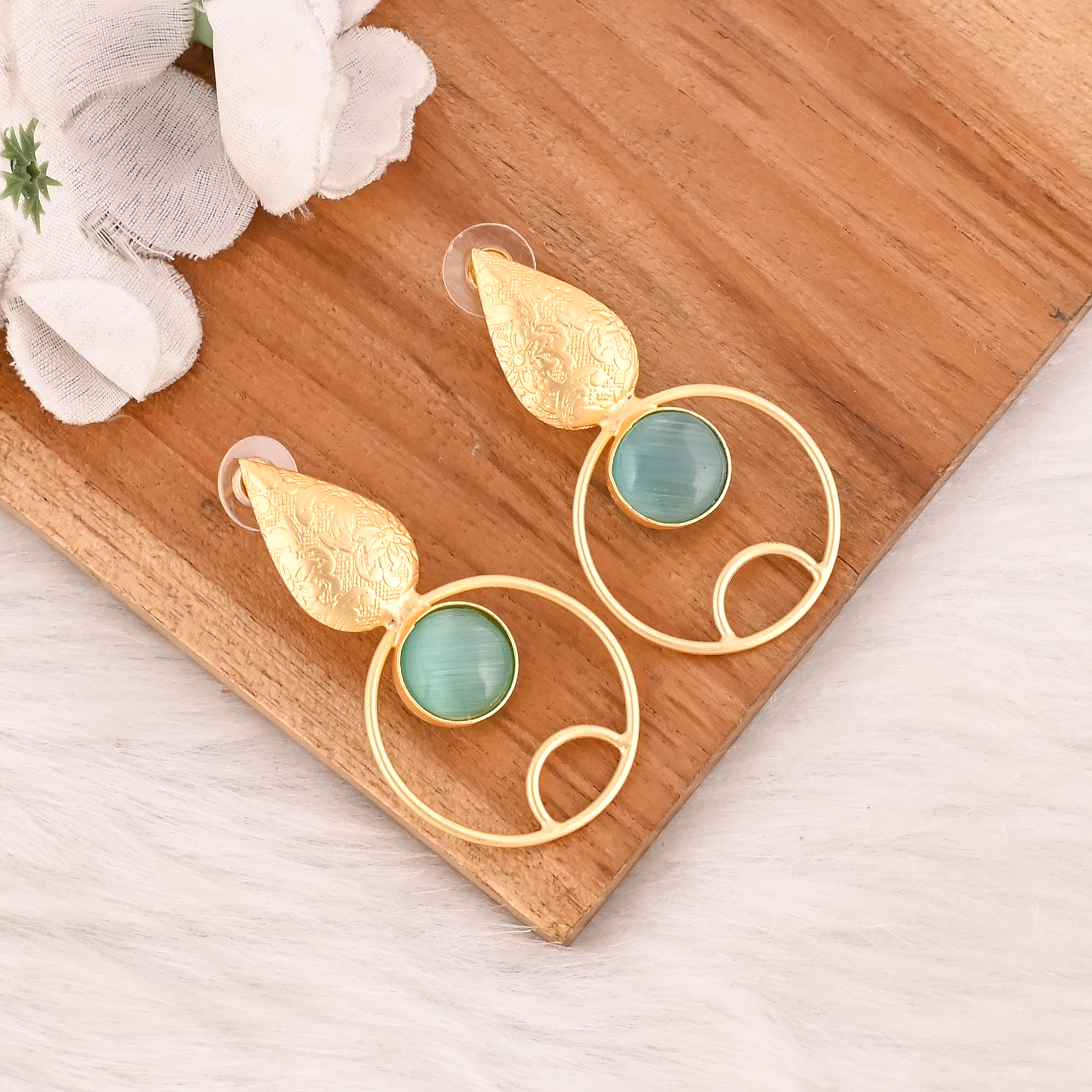 Blue Cats Eye Gemstone Designer Earrings Gold Plated Handmade Jewelry for Women Wholesale Lot 10 Pairs