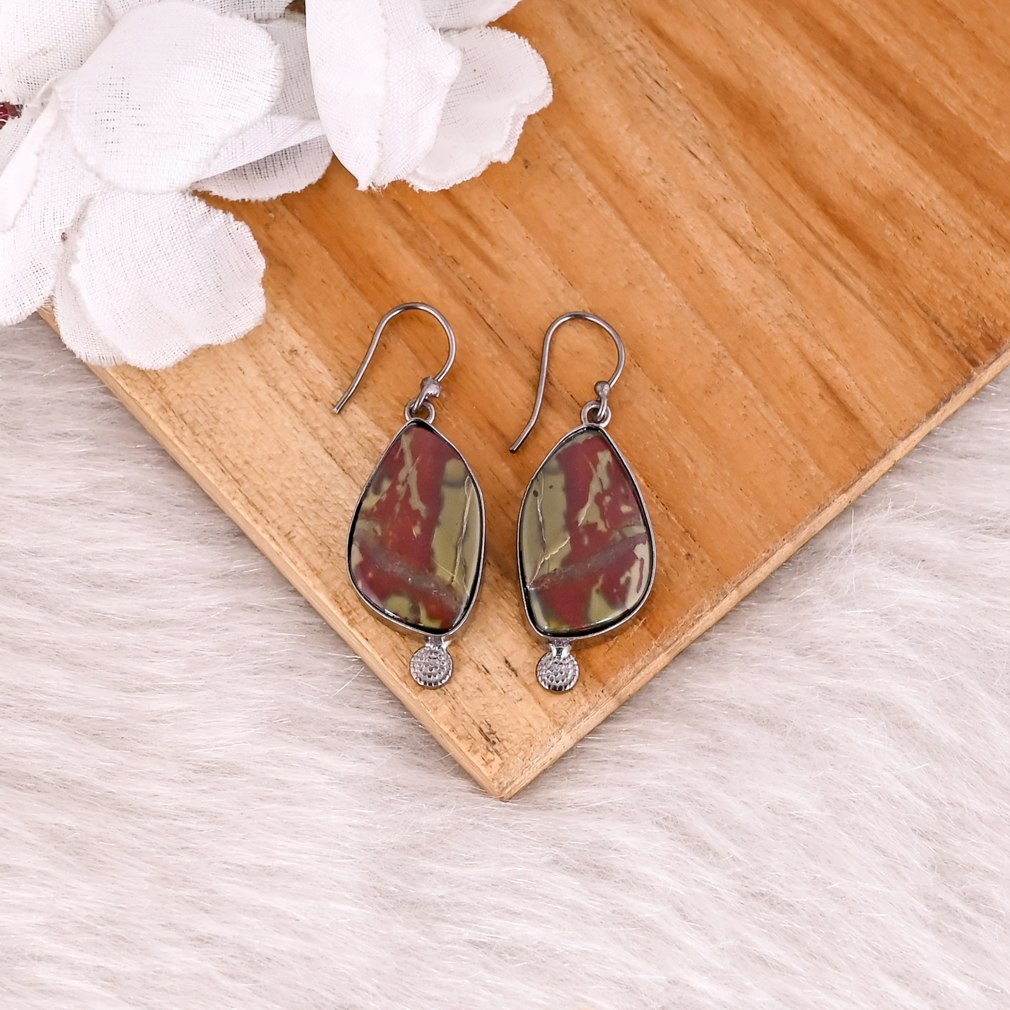 Blood Agate Gemstone Black Ruthenium Brass Unique Gift Earring Bohemian Jewelry Handmade Earring