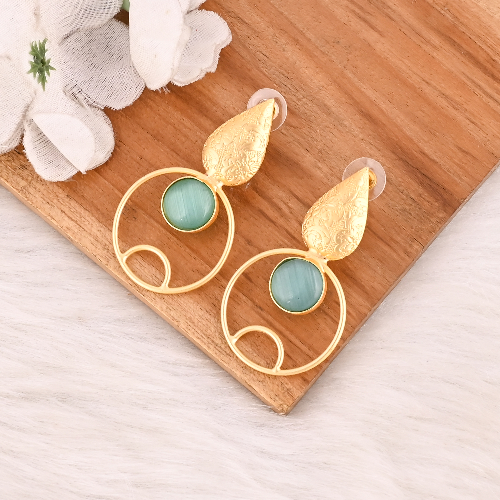 Blue Cats Eye Gemstone Designer Earrings Gold Plated Handmade Jewelry for Women Wholesale Lot 10 Pairs