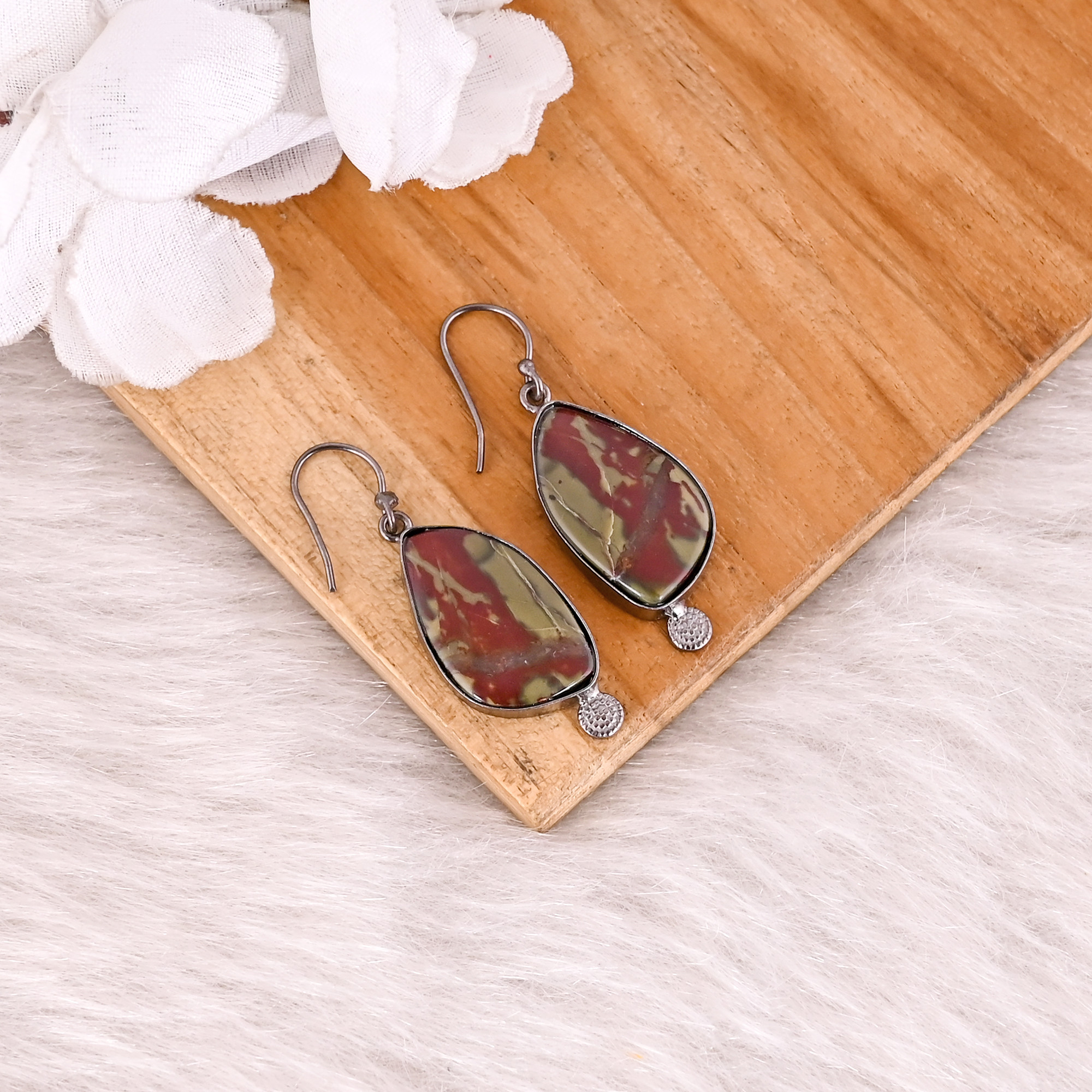 Blood Agate Gemstone Black Ruthenium Brass Unique Gift Earring Bohemian Jewelry Handmade Earring