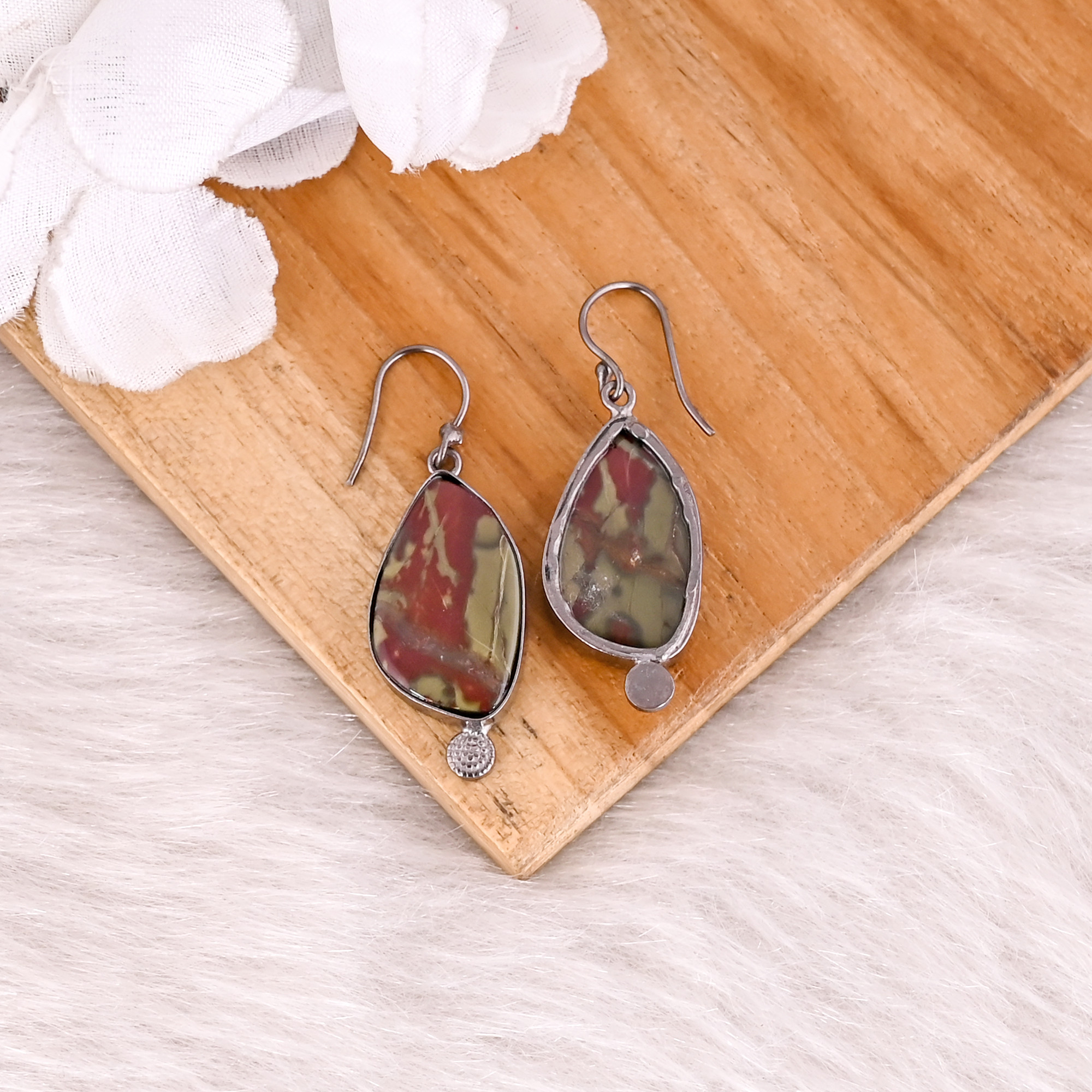 Blood Agate Gemstone Black Ruthenium Brass Unique Gift Earring Bohemian Jewelry Handmade Earring
