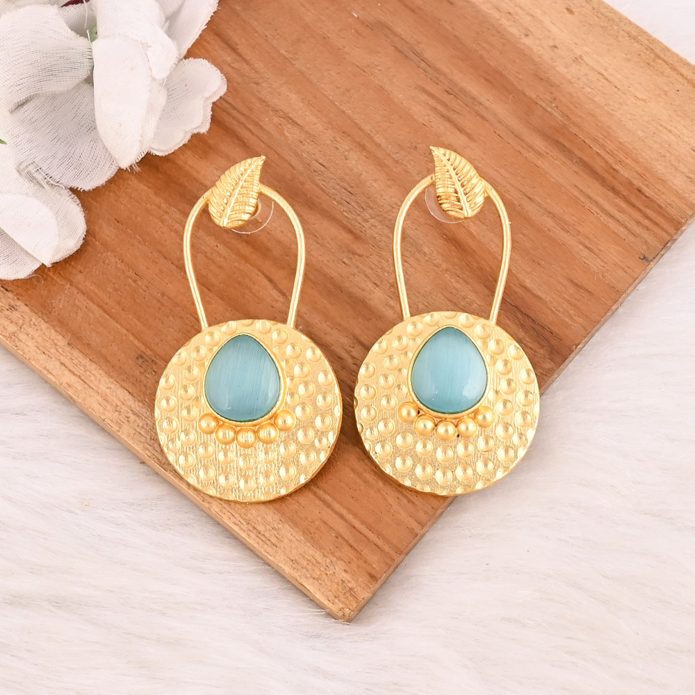 Image of Blue Cat's Eye Gemstone Designer Earrings Gold Plated Handmade Jewelry for Women Wholesale Lot 10 Pairs