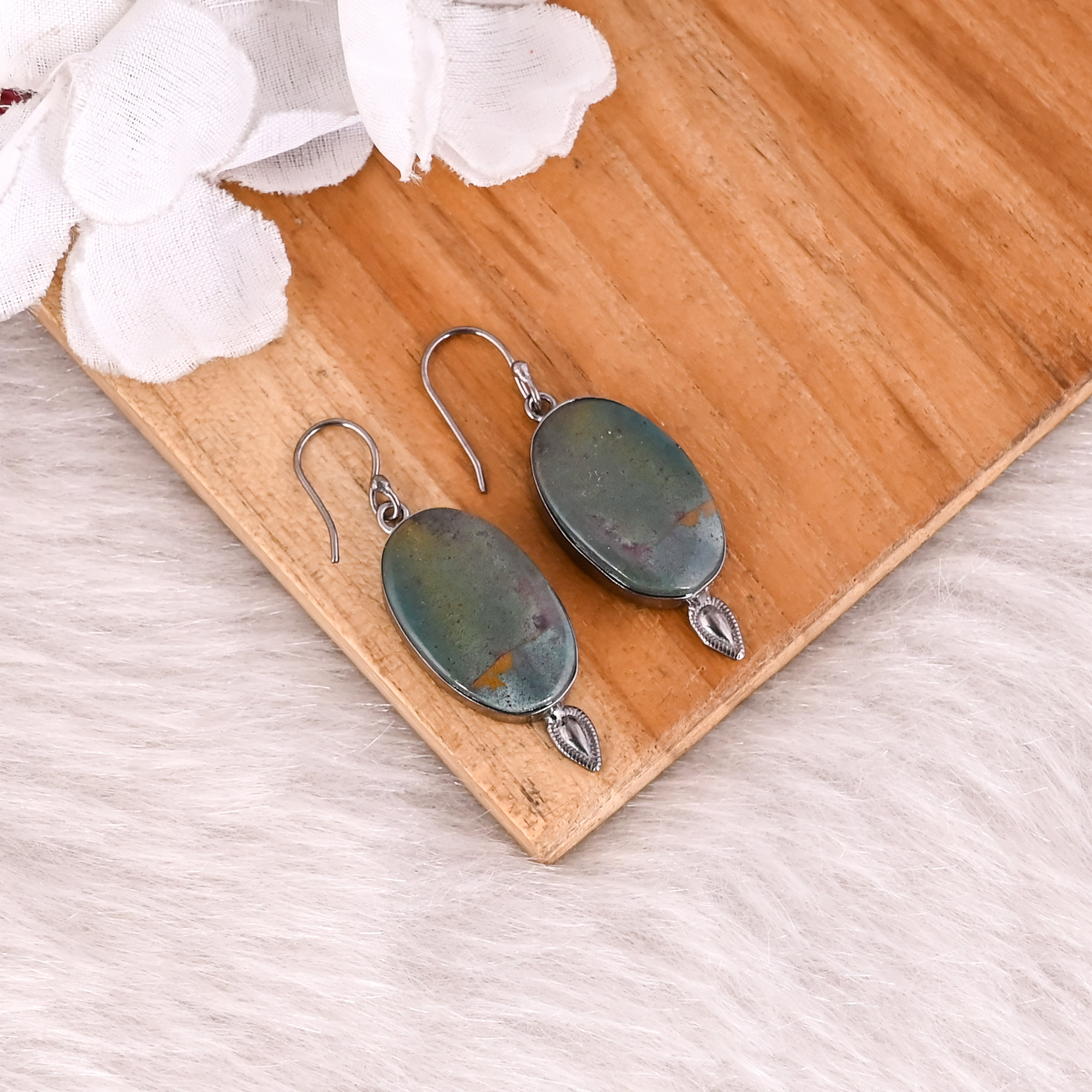 Blood Agate Gemstone Handmade Designer Oval Earrings Black Ruthenium Plated Brass Dangler Handmade Fashion Jewelry