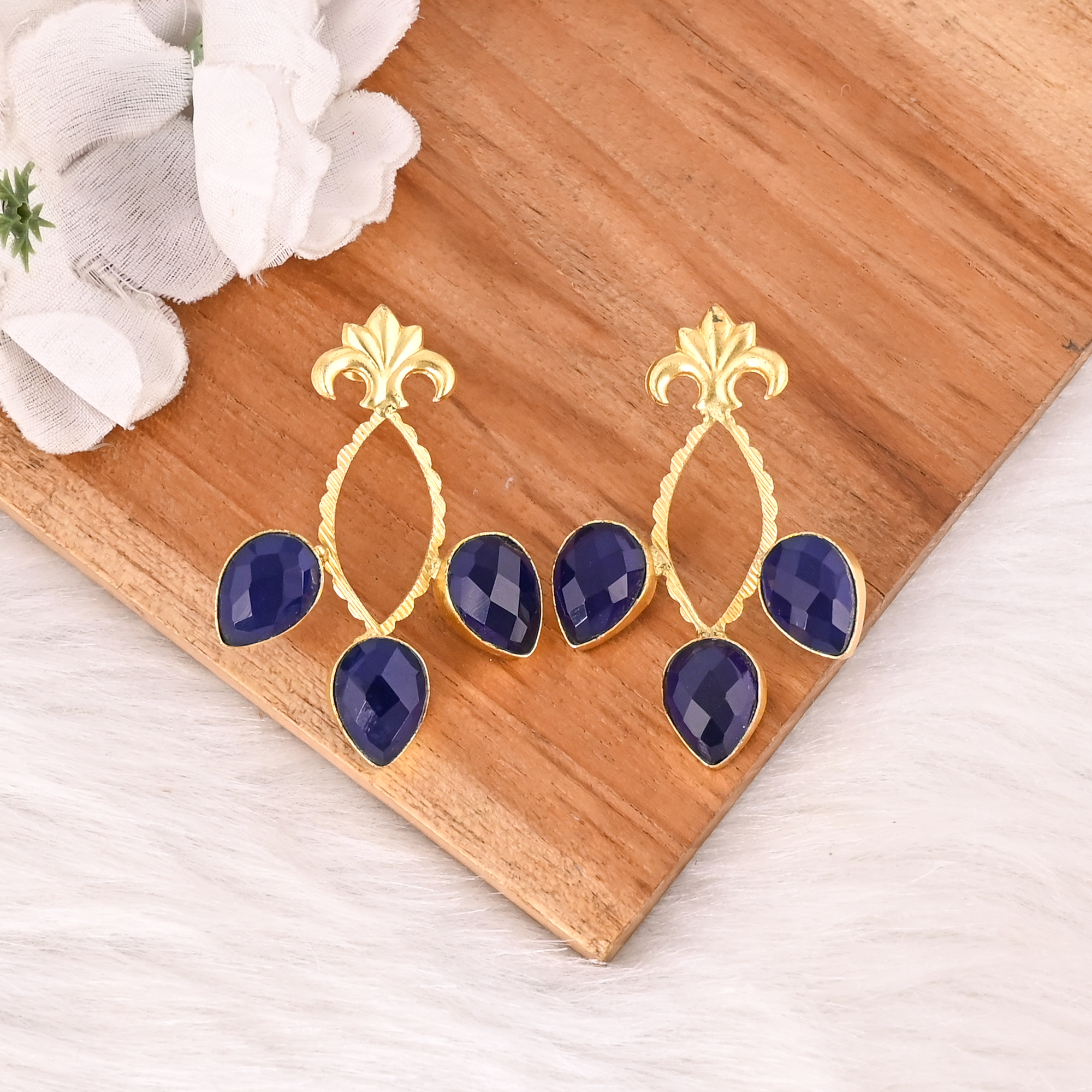 Elegant Ink Blue Hydro Gemstone Brass Earring Handmade Fashion Jewelry for Women Wholesale Lot 10 Pairs