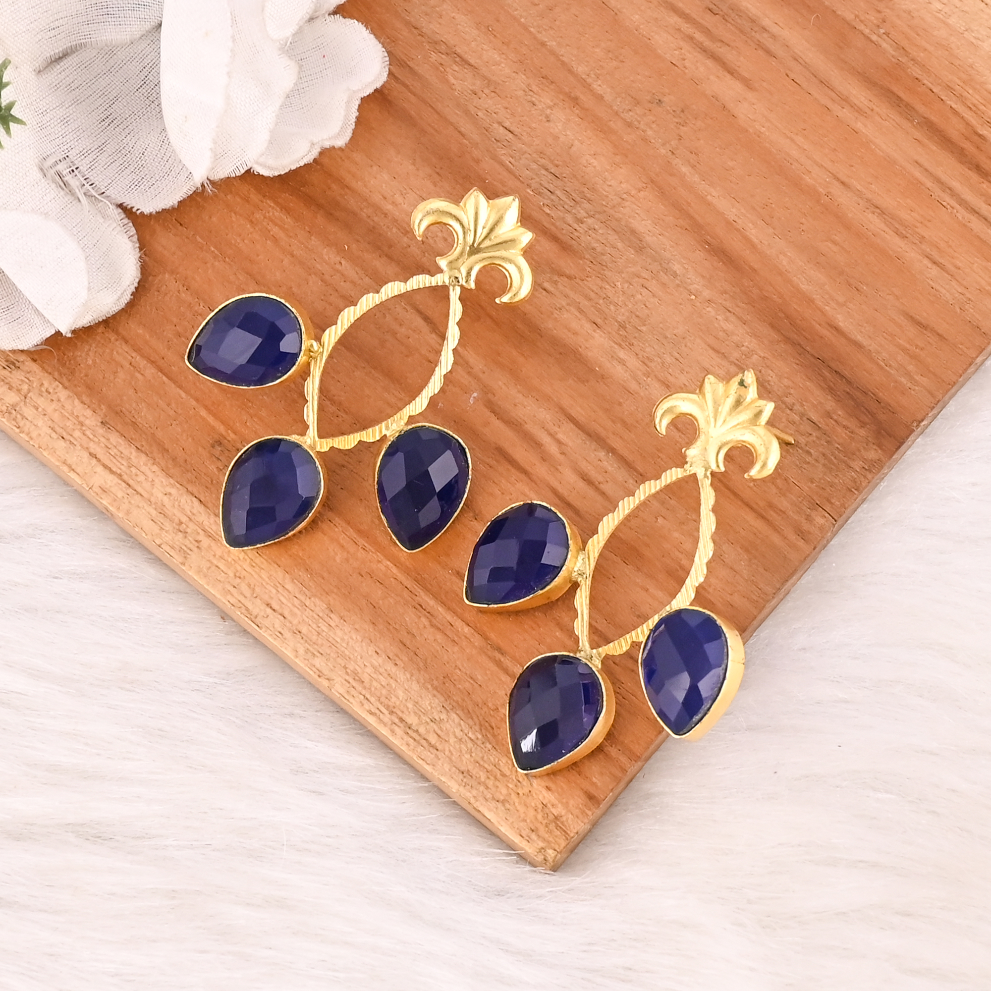 Elegant Ink Blue Hydro Gemstone Brass Earring Handmade Fashion Jewelry for Women Wholesale Lot 10 Pairs