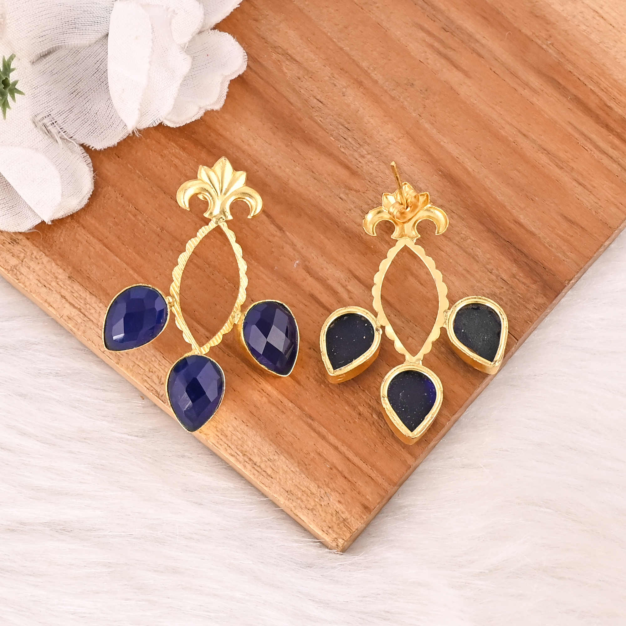 Elegant Ink Blue Hydro Gemstone Brass Earring Handmade Fashion Jewelry for Women Wholesale Lot 10 Pairs