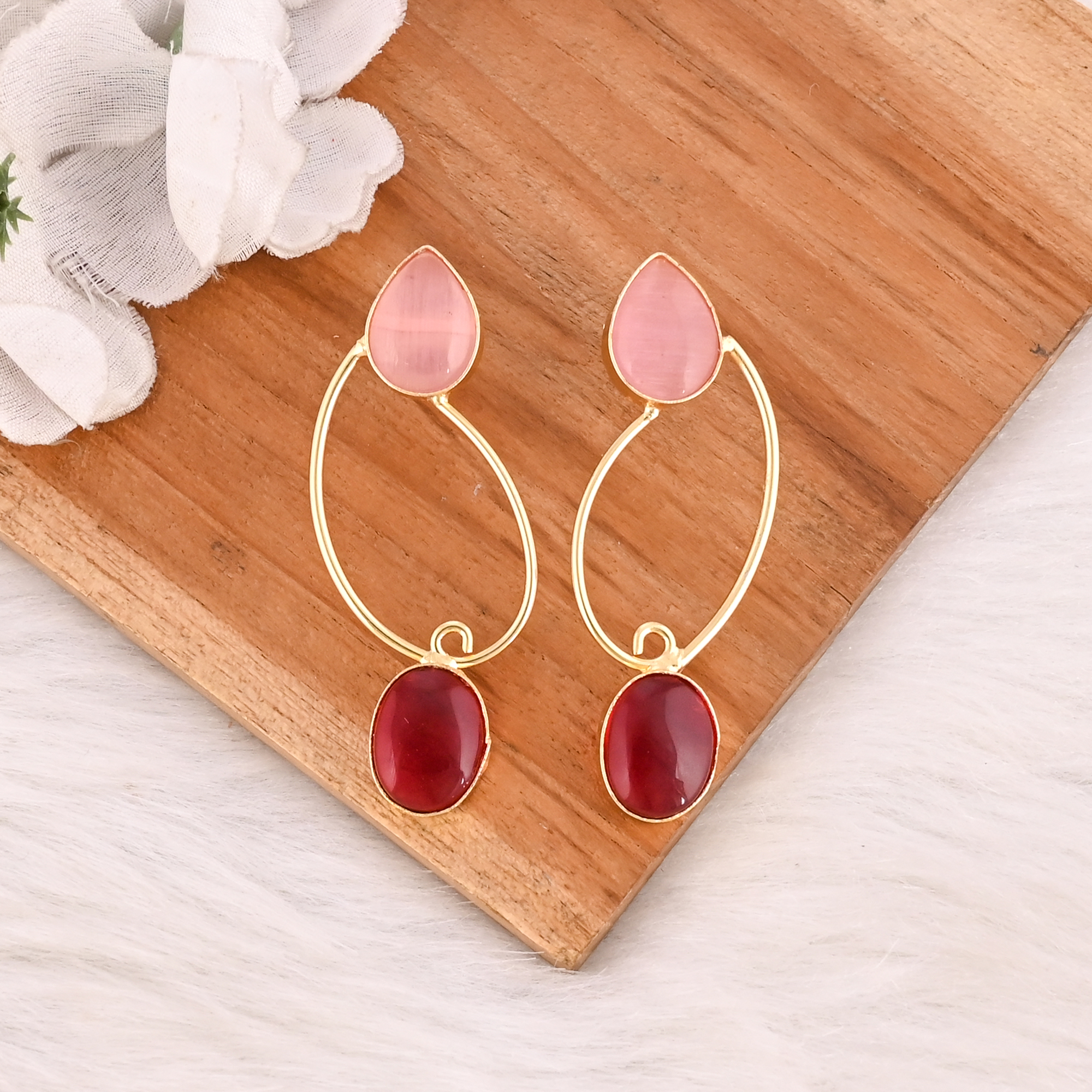 Pink Cats Eye  Garnet Hydro Gemstone Brass Earrings Gold Plated Handmade Jewelry Wholesale Lot 10 Pairs
