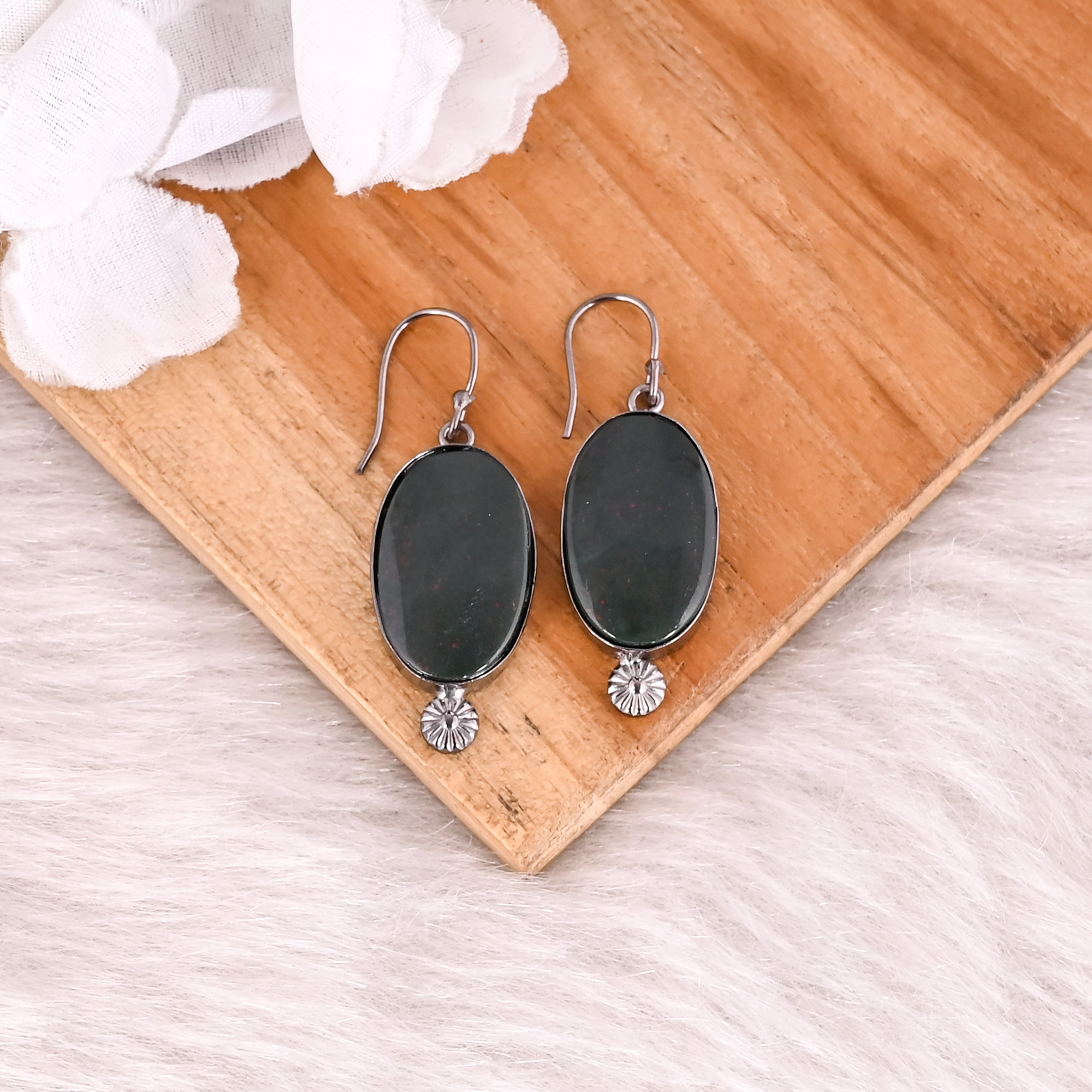 Blood Agate Gemstone Black Ruthenium Brass Handmade Dangle Designer Trendy Earring Jewelry