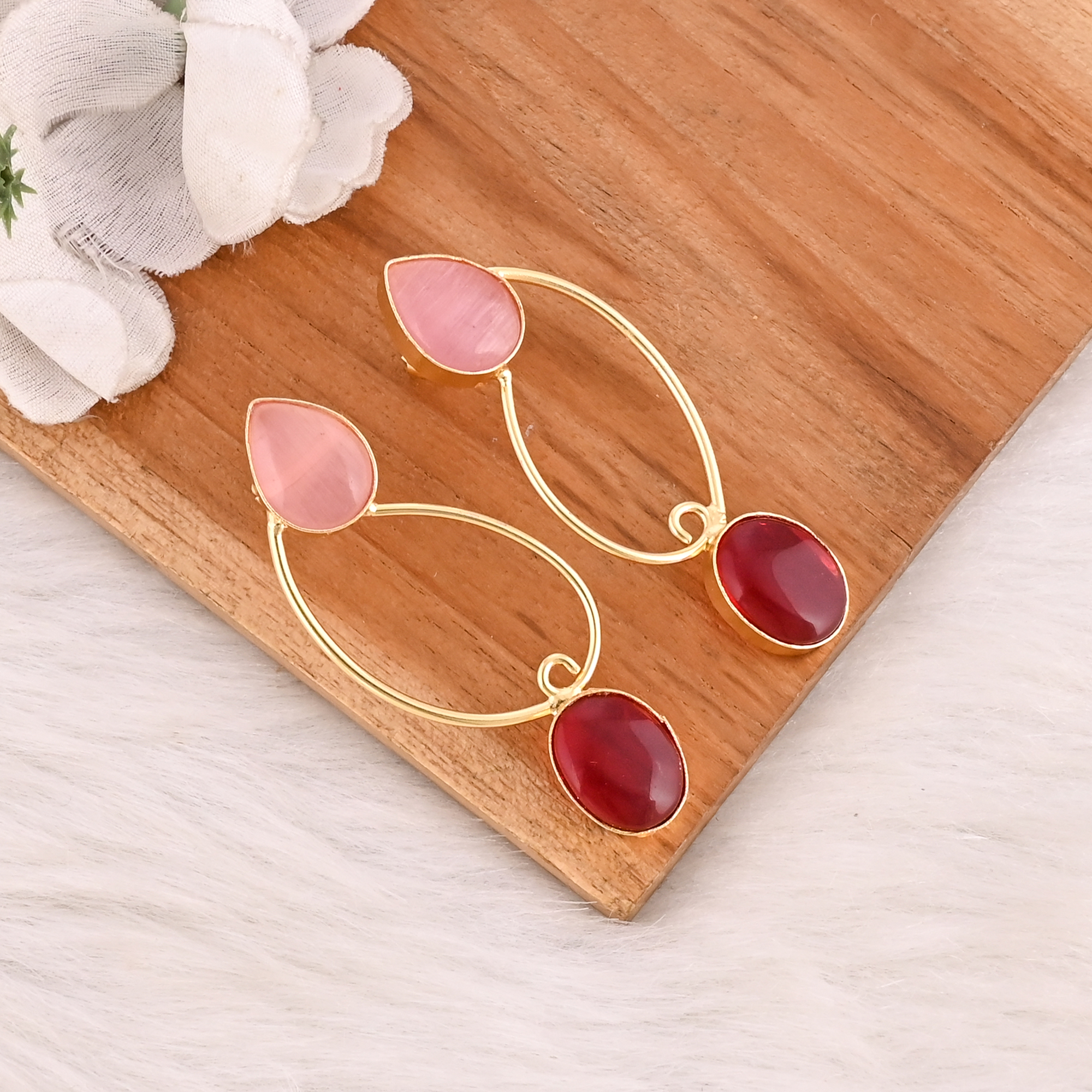 Pink Cats Eye  Garnet Hydro Gemstone Brass Earrings Gold Plated Handmade Jewelry Wholesale Lot 10 Pairs