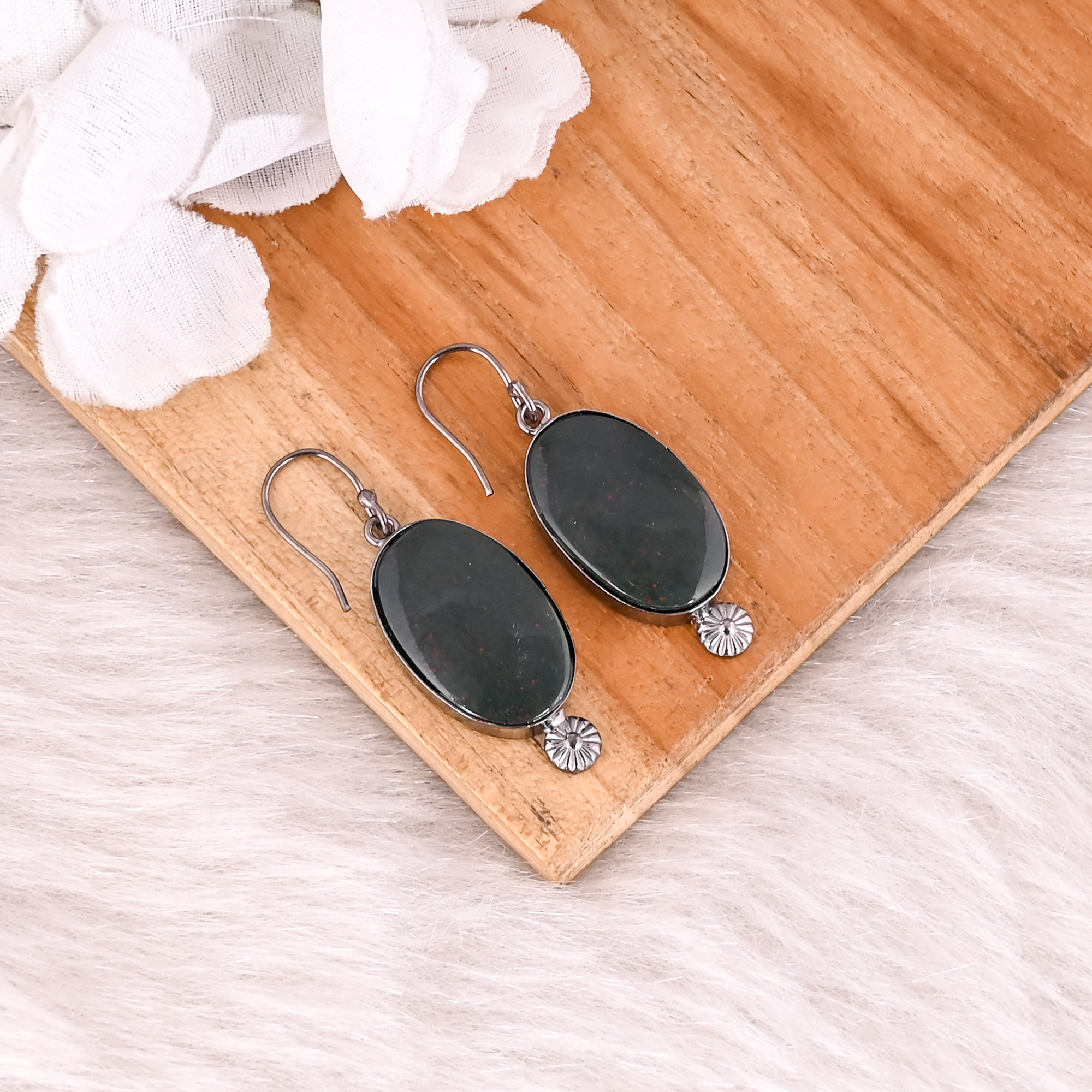 Blood Agate Gemstone Black Ruthenium Brass Handmade Dangle Designer Trendy Earring Jewelry