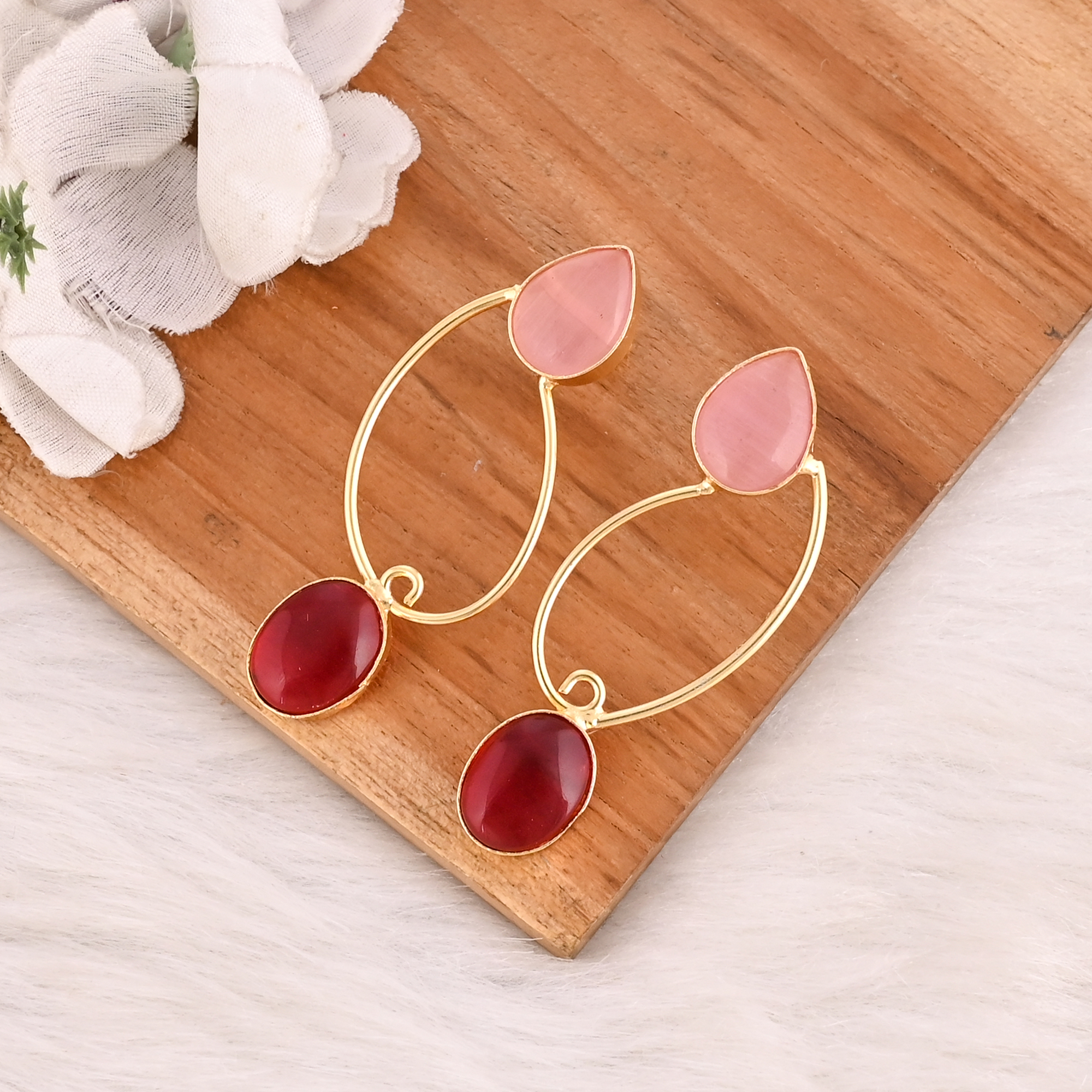 Pink Cats Eye  Garnet Hydro Gemstone Brass Earrings Gold Plated Handmade Jewelry Wholesale Lot 10 Pairs