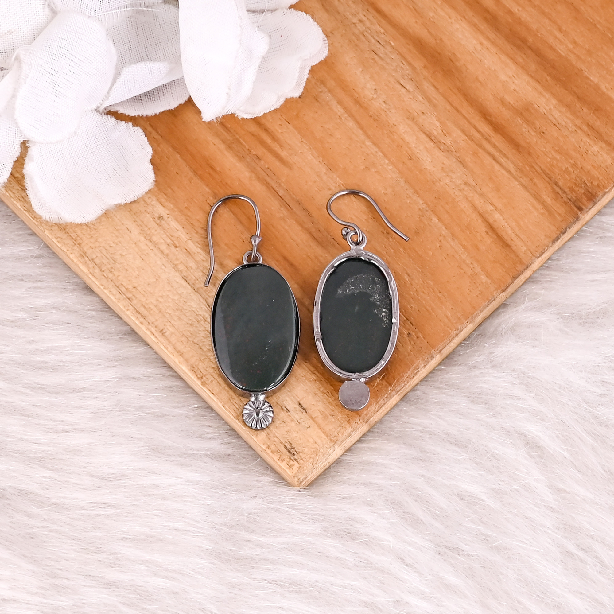 Blood Agate Gemstone Black Ruthenium Brass Handmade Dangle Designer Trendy Earring Jewelry