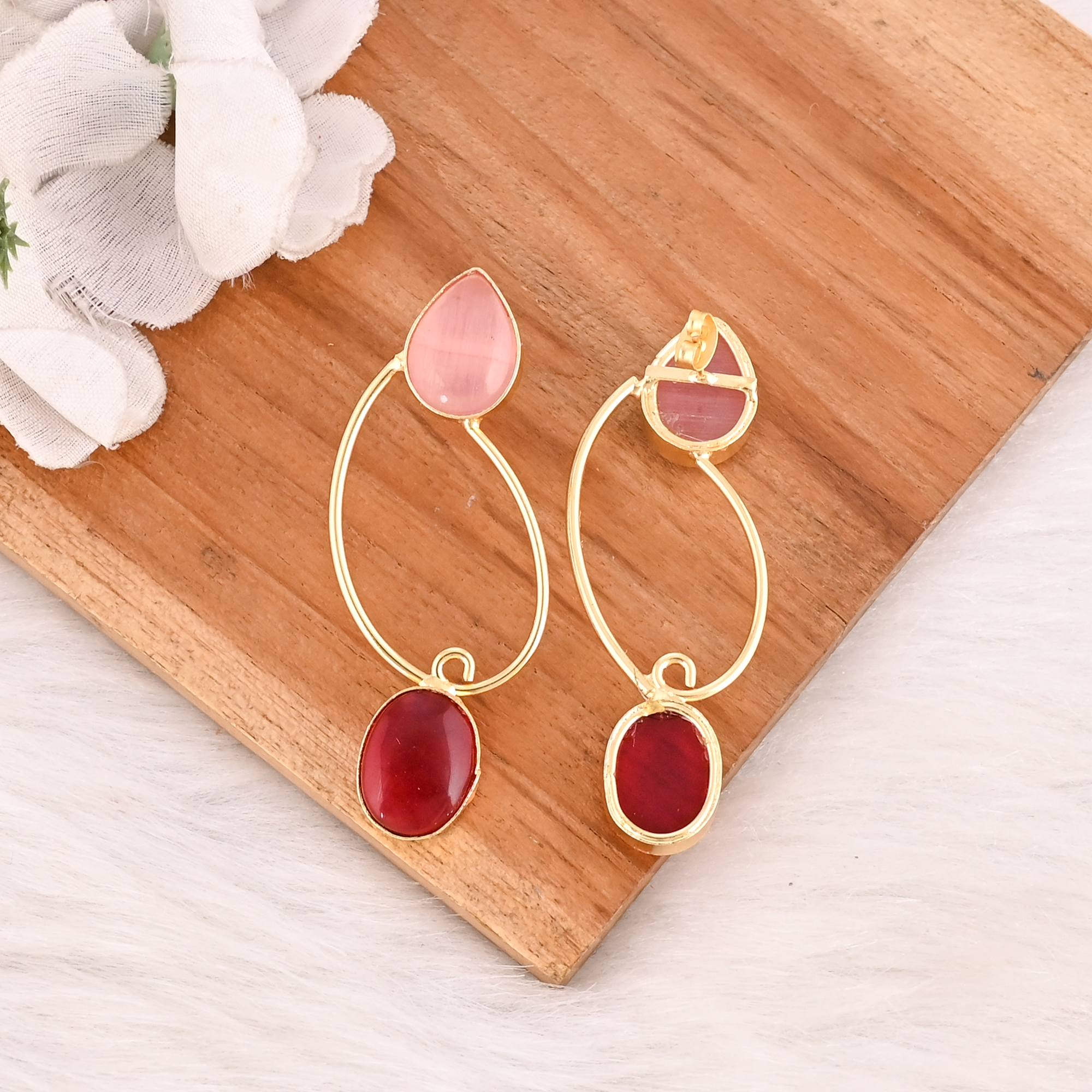 Pink Cats Eye  Garnet Hydro Gemstone Brass Earrings Gold Plated Handmade Jewelry Wholesale Lot 10 Pairs