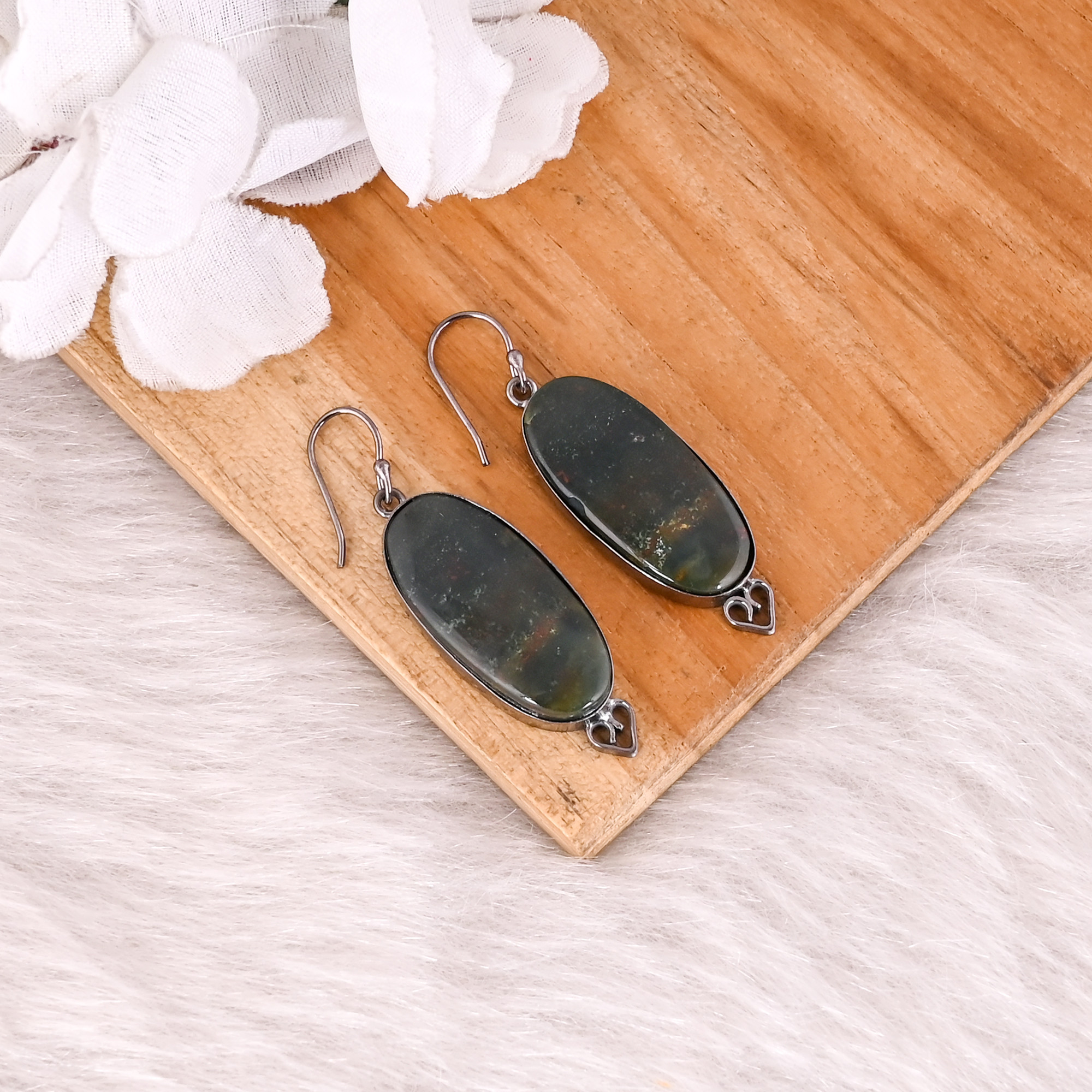 Blood Agate Big Oval Gemstone Black Ruthenium Brass Dangle Earring Anniversary Gift Earring Fashionable Earrings